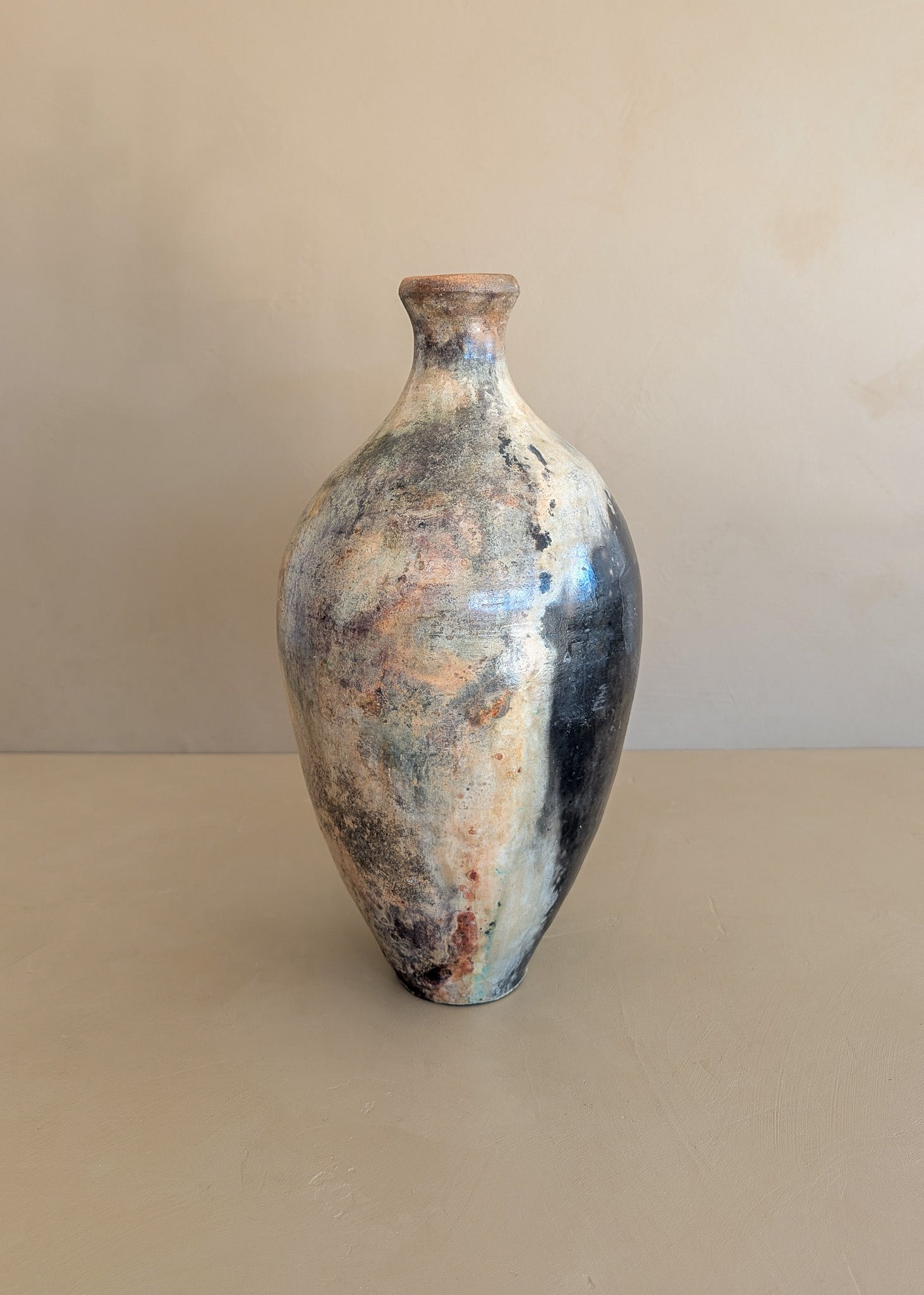 Tall Neutral Signed Studio Pottery Ovoid Raku Vase