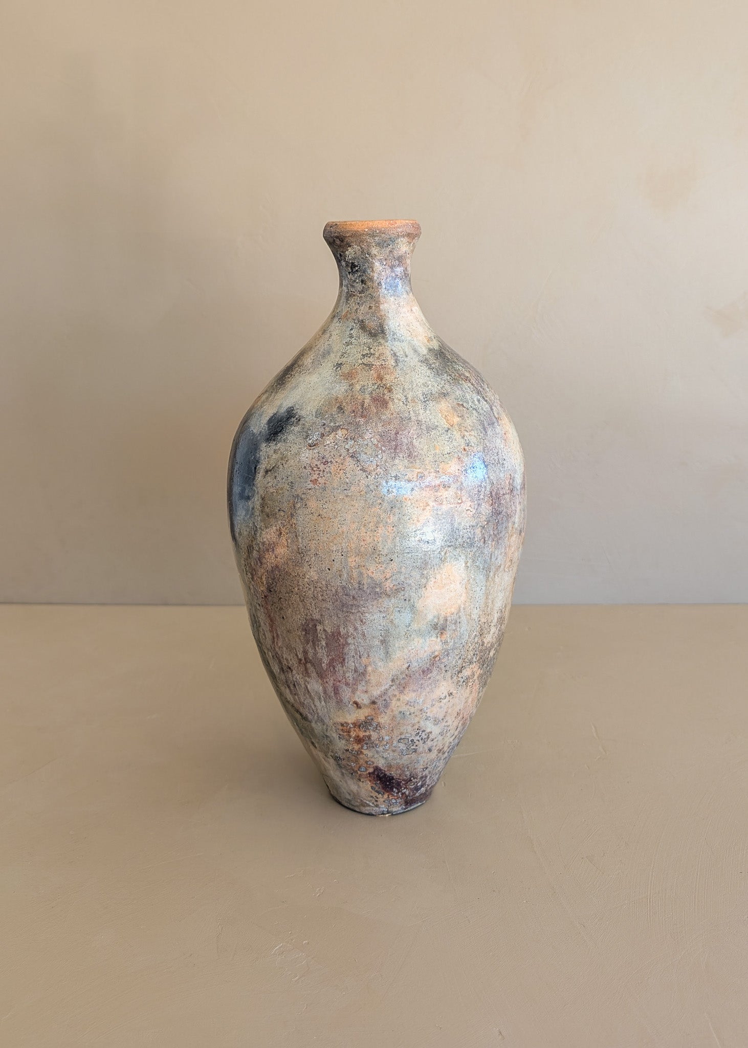 Tall Neutral Signed Studio Pottery Ovoid Raku Vase