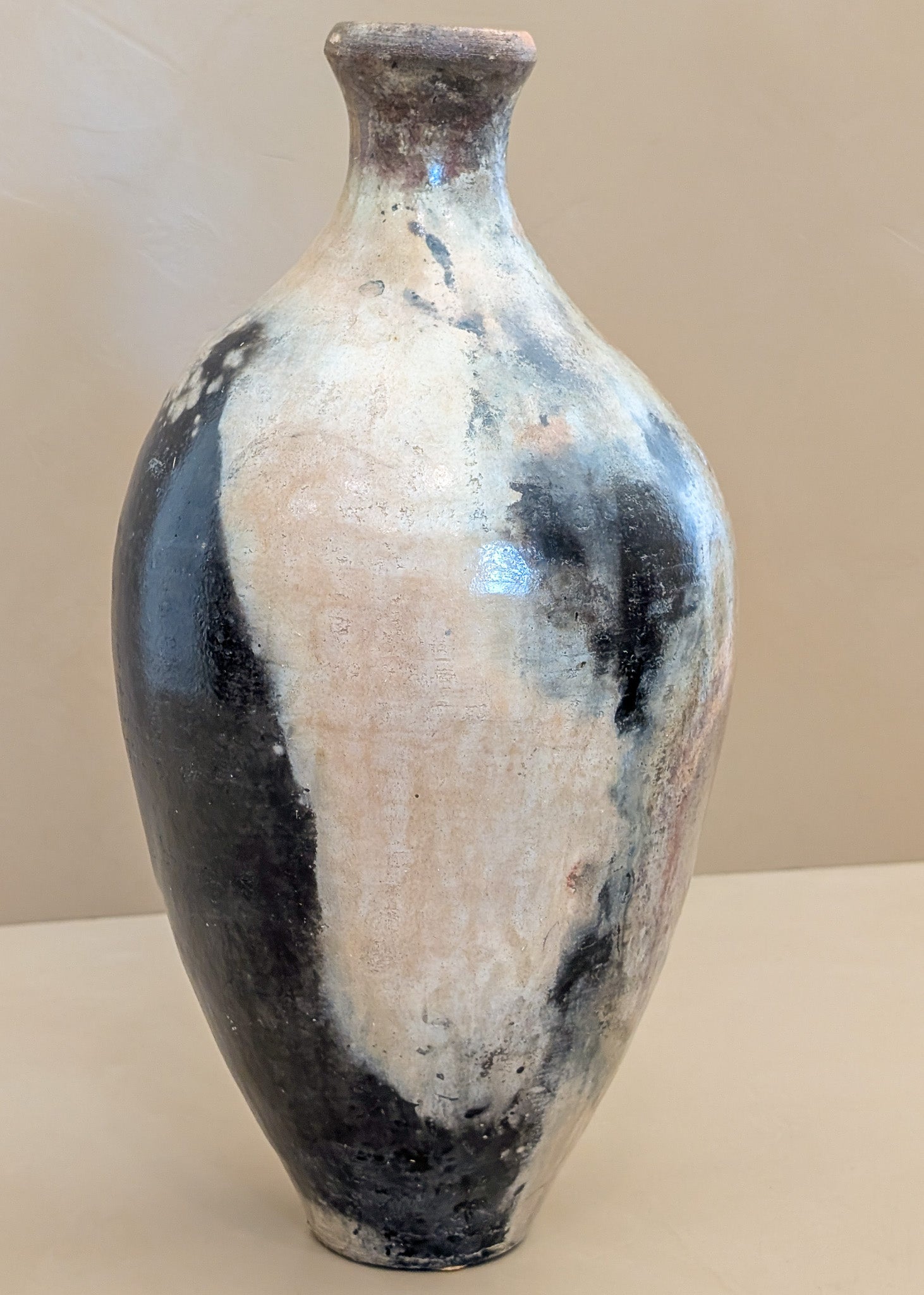 Tall Neutral Signed Studio Pottery Ovoid Raku Vase