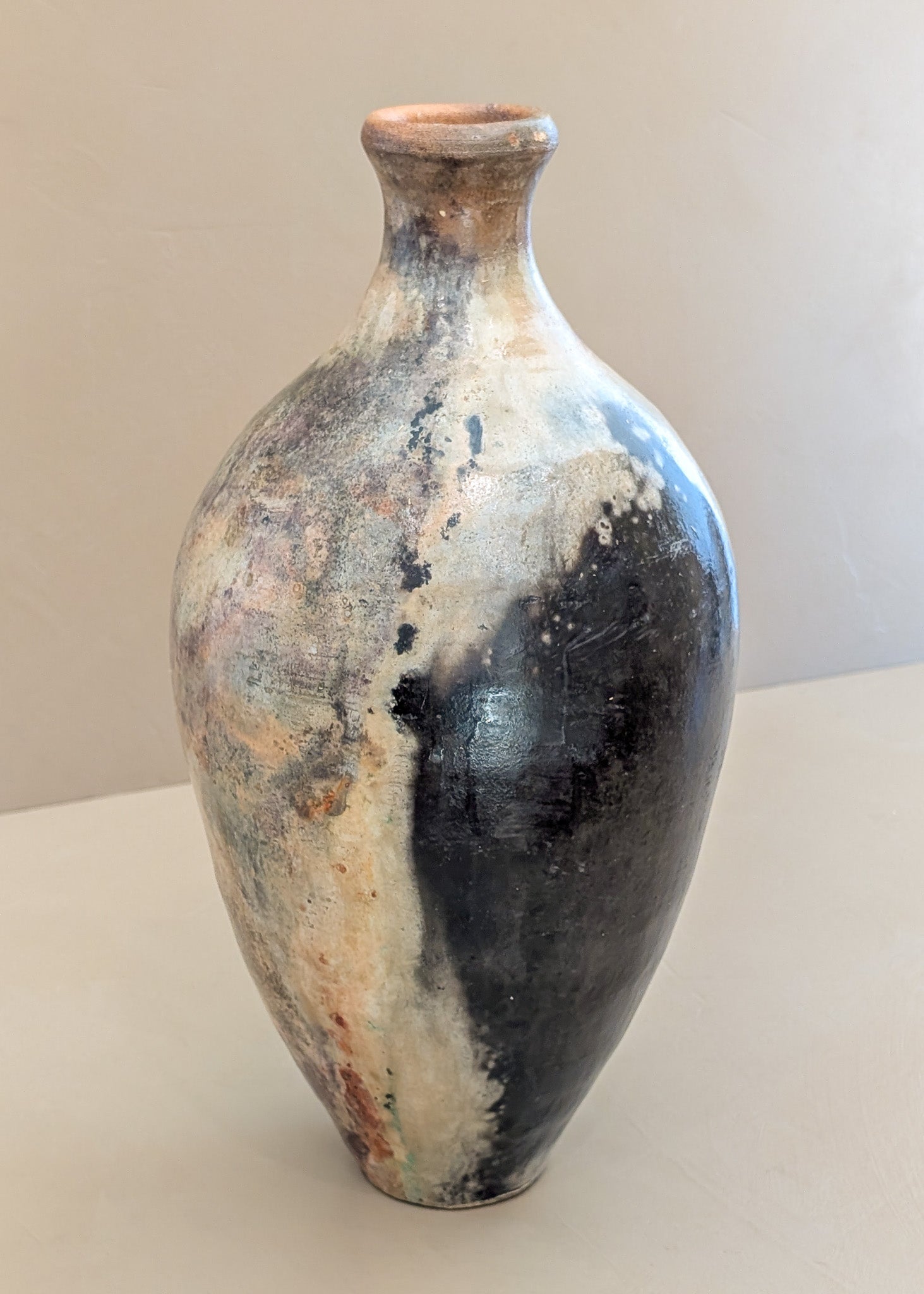 Tall Neutral Signed Studio Pottery Ovoid Raku Vase