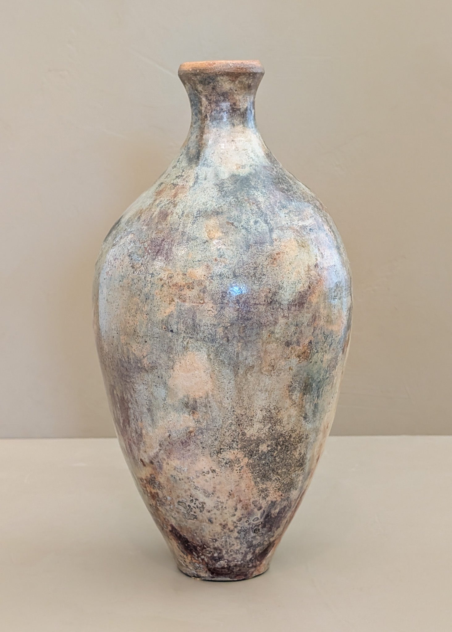 Tall Neutral Signed Studio Pottery Ovoid Raku Vase