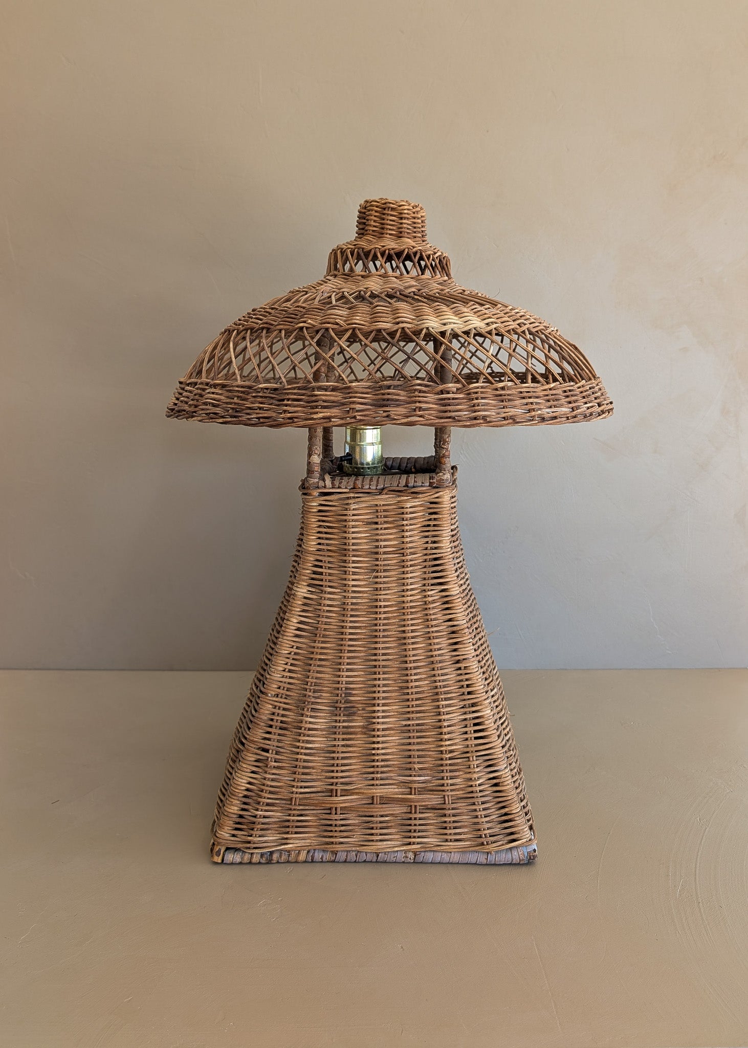 Heywood-Wakefield Style Vintage Wicker Lamp with Original Mushroom Wicker Shade