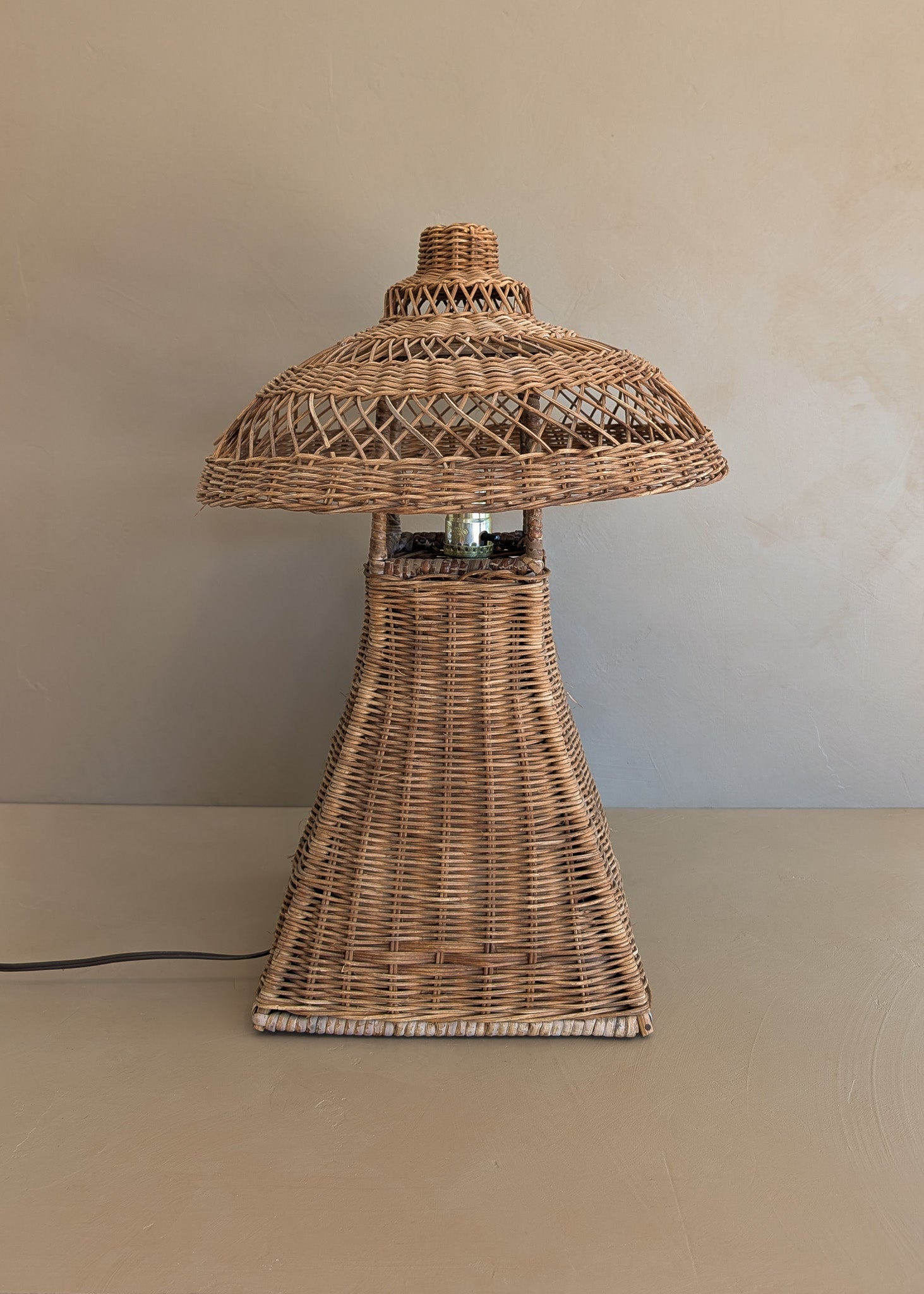 Heywood-Wakefield Style Vintage Wicker Lamp with Original Mushroom Wicker Shade