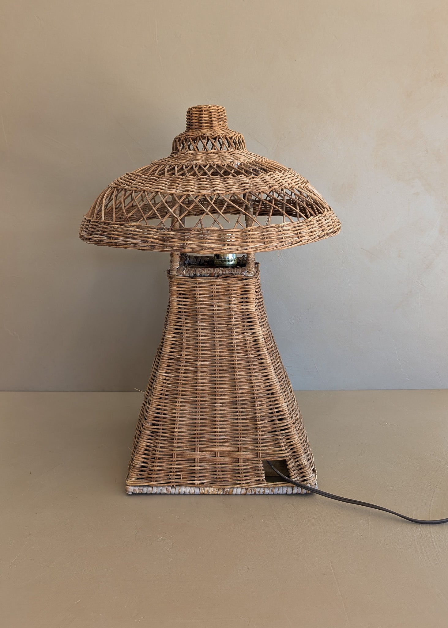 Heywood-Wakefield Style Vintage Wicker Lamp with Original Mushroom Wicker Shade