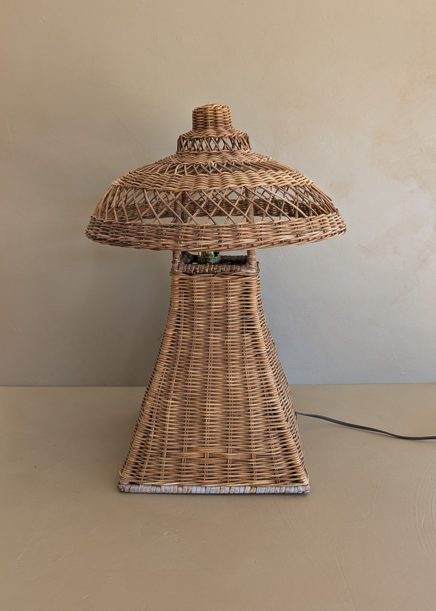 Heywood-Wakefield Style Vintage Wicker Lamp with Original Mushroom Wicker Shade