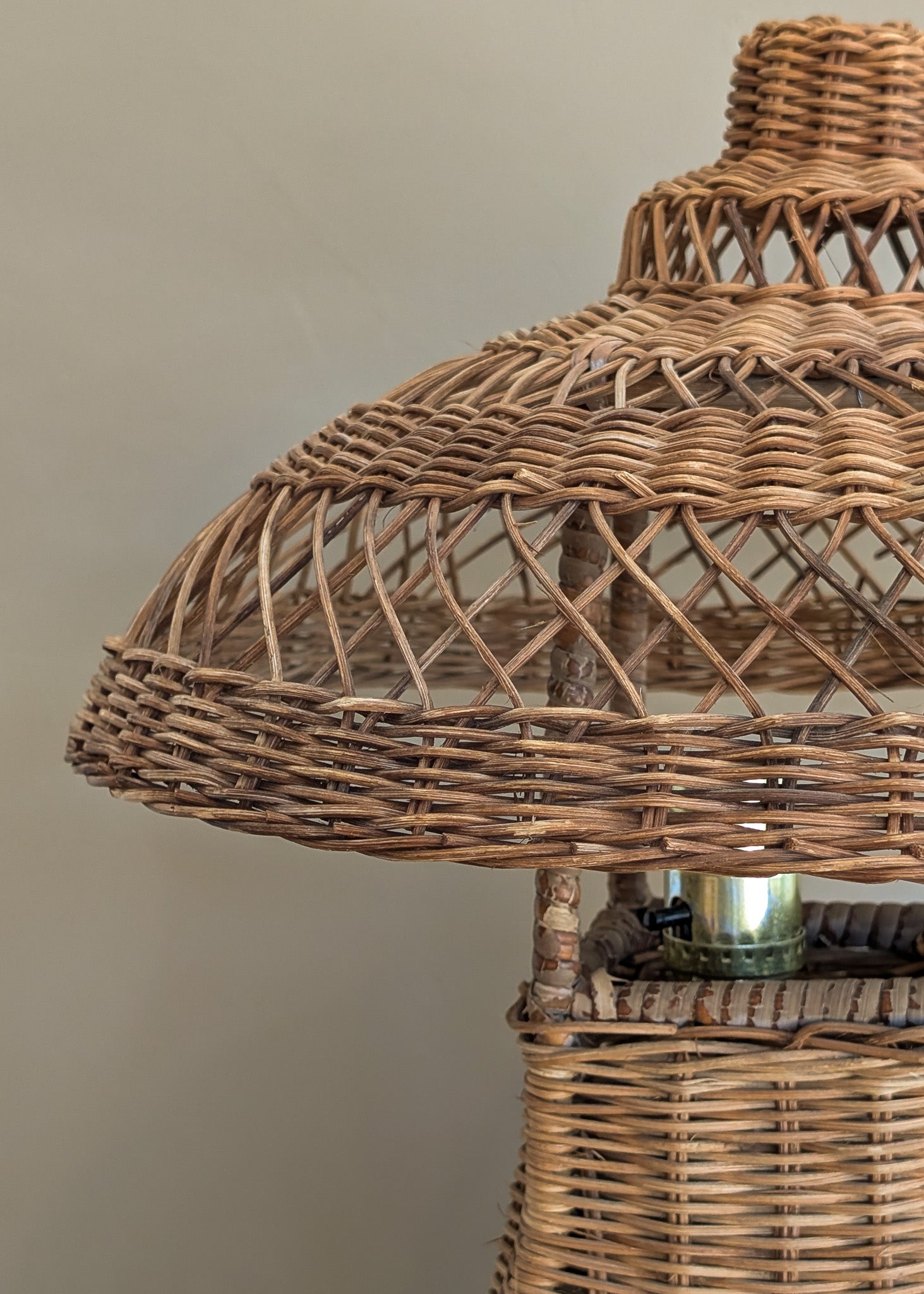 Heywood-Wakefield Style Vintage Wicker Lamp with Original Mushroom Wicker Shade