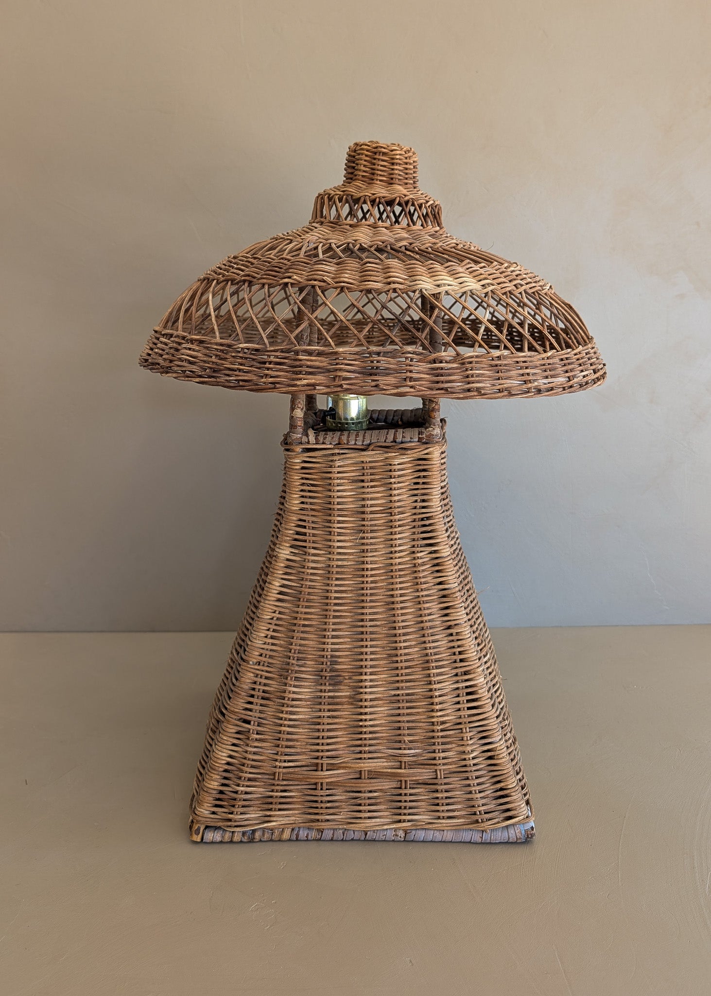 Heywood-Wakefield Style Vintage Wicker Lamp with Original Mushroom Wicker Shade