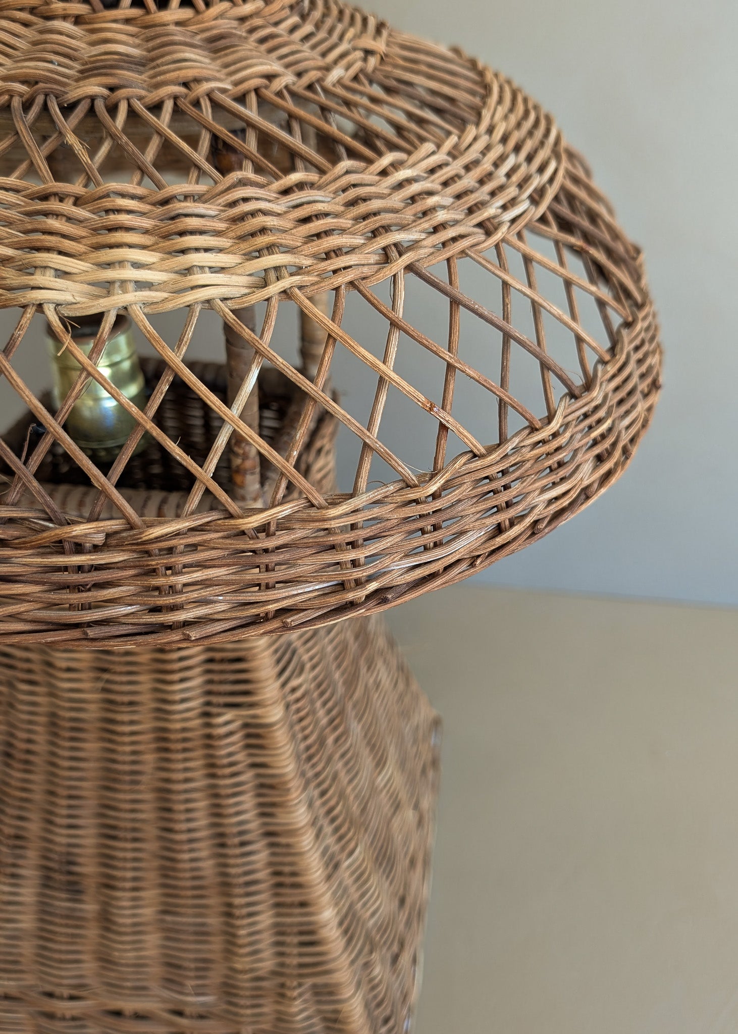 Heywood-Wakefield Style Vintage Wicker Lamp with Original Mushroom Wicker Shade