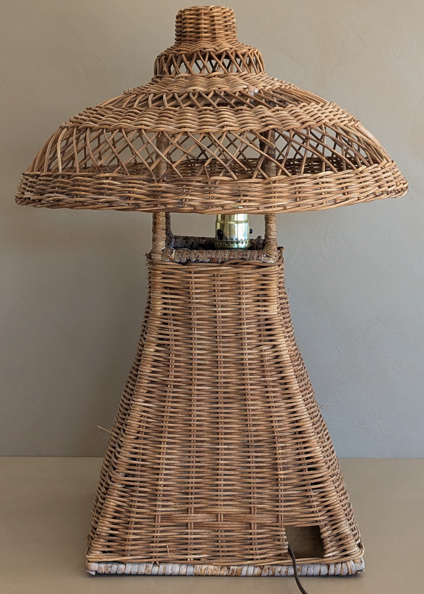 Heywood-Wakefield Style Vintage Wicker Lamp with Original Mushroom Wicker Shade