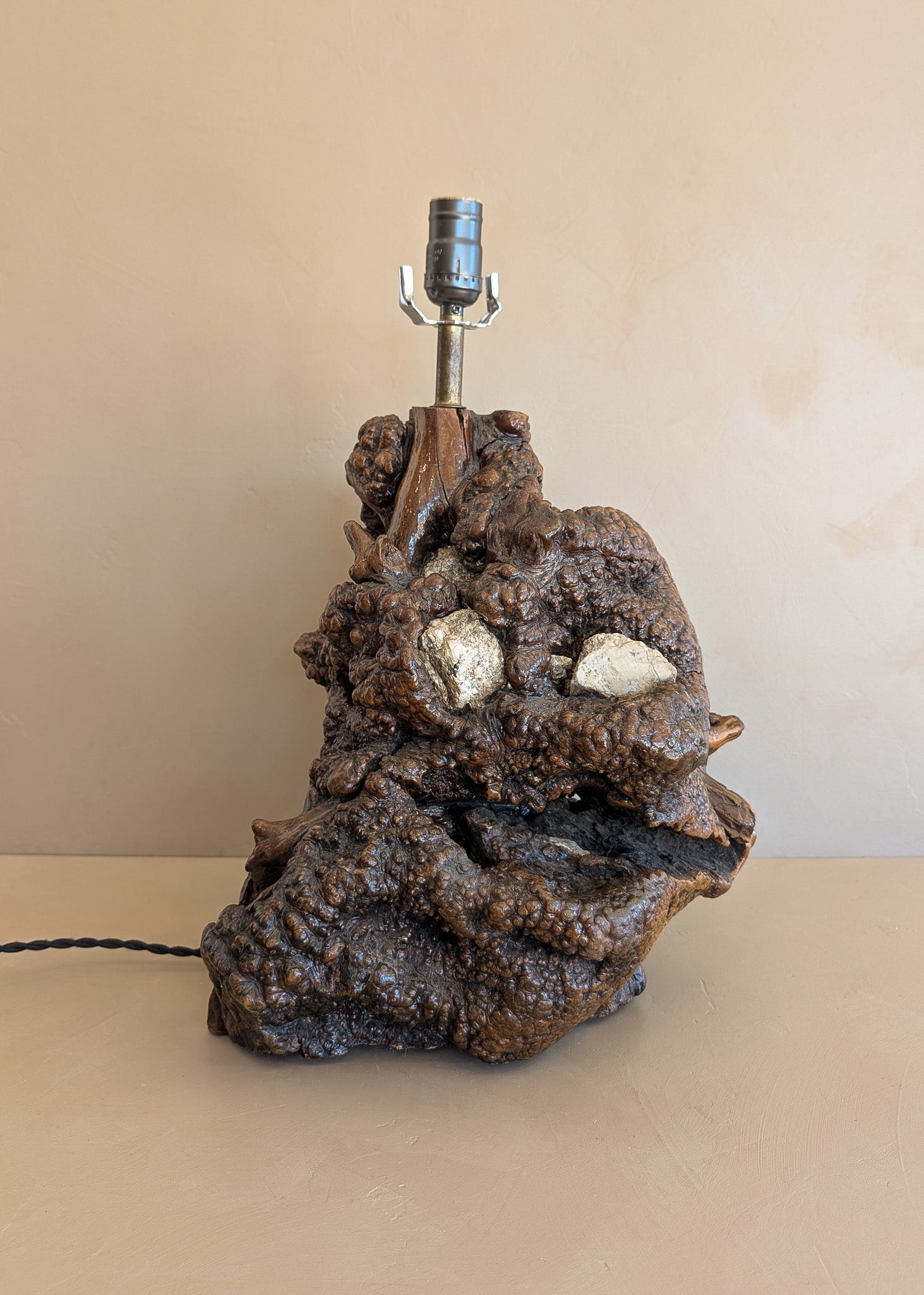 Unique Vintage Burl Lamp with Stone Inclusions