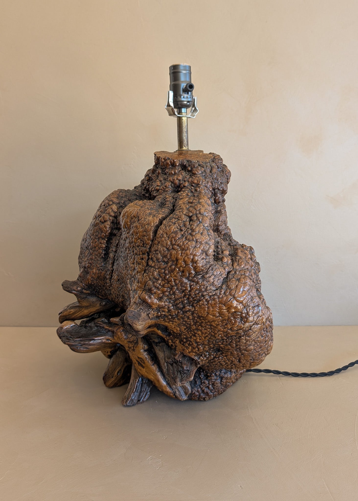 Unique Vintage Burl Lamp with Stone Inclusions