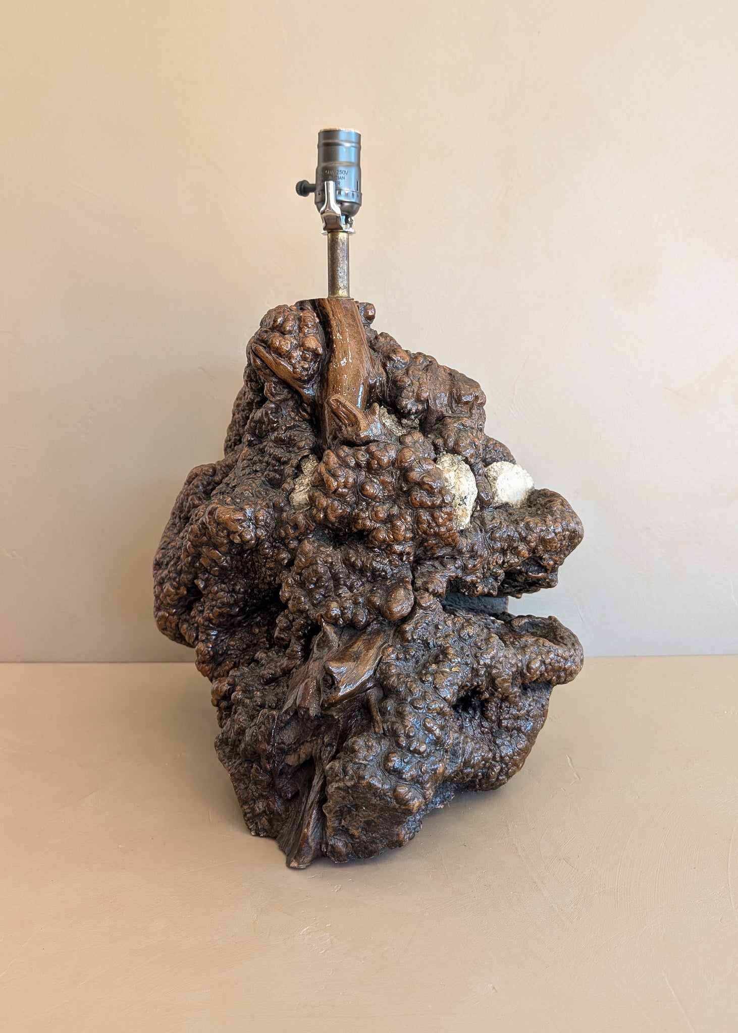 Unique Vintage Burl Lamp with Stone Inclusions