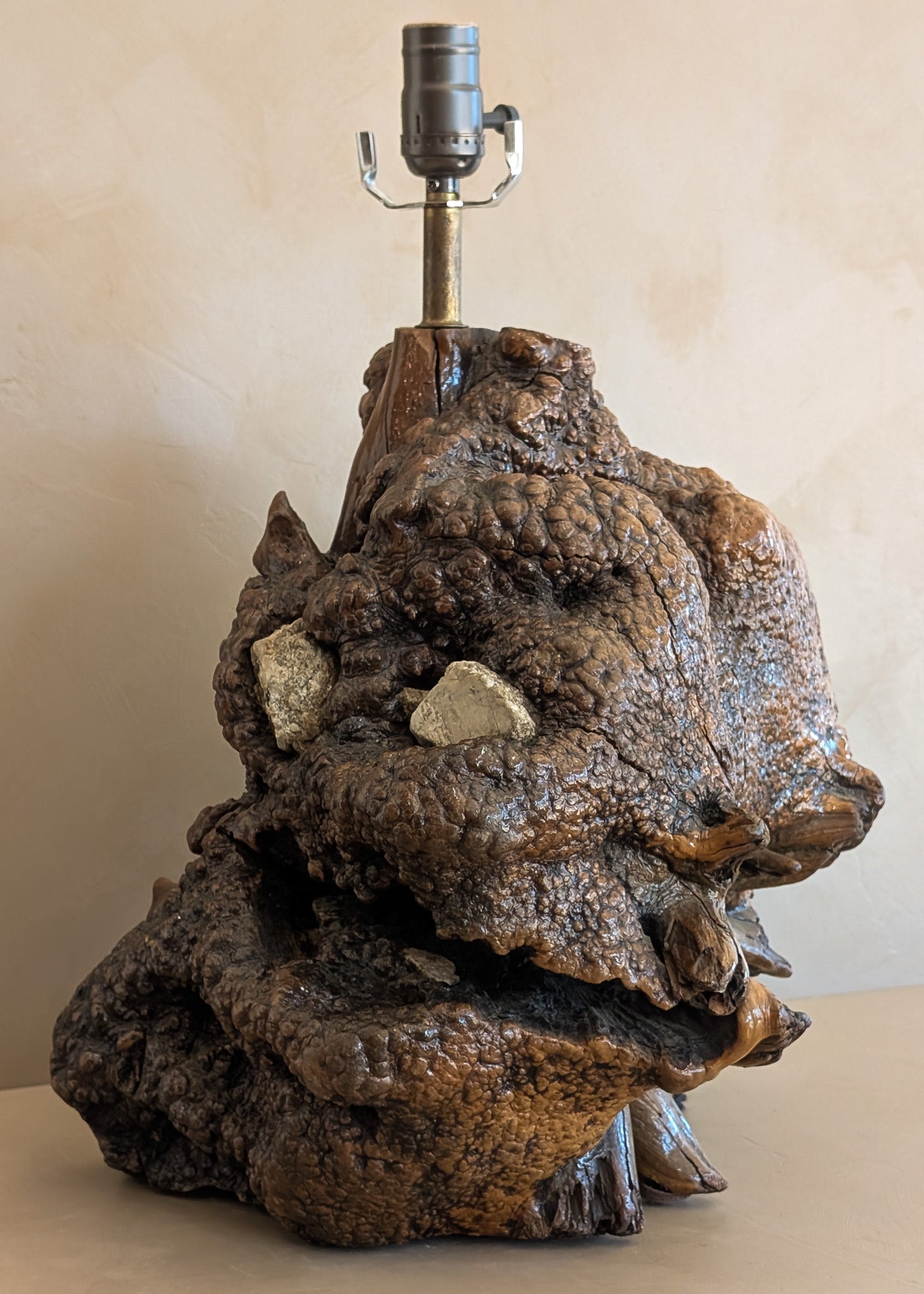 Unique Vintage Burl Lamp with Stone Inclusions