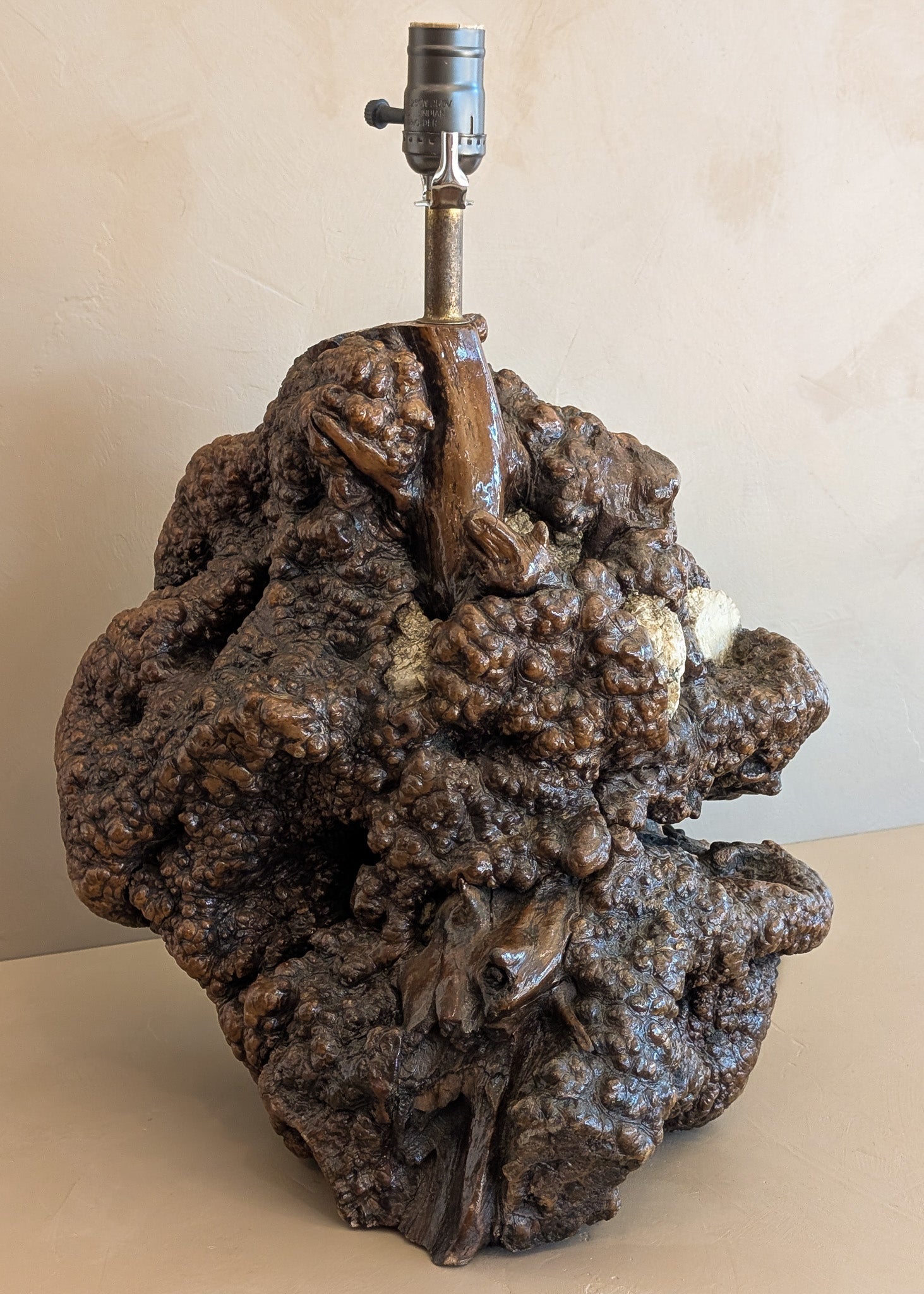 Unique Vintage Burl Lamp with Stone Inclusions