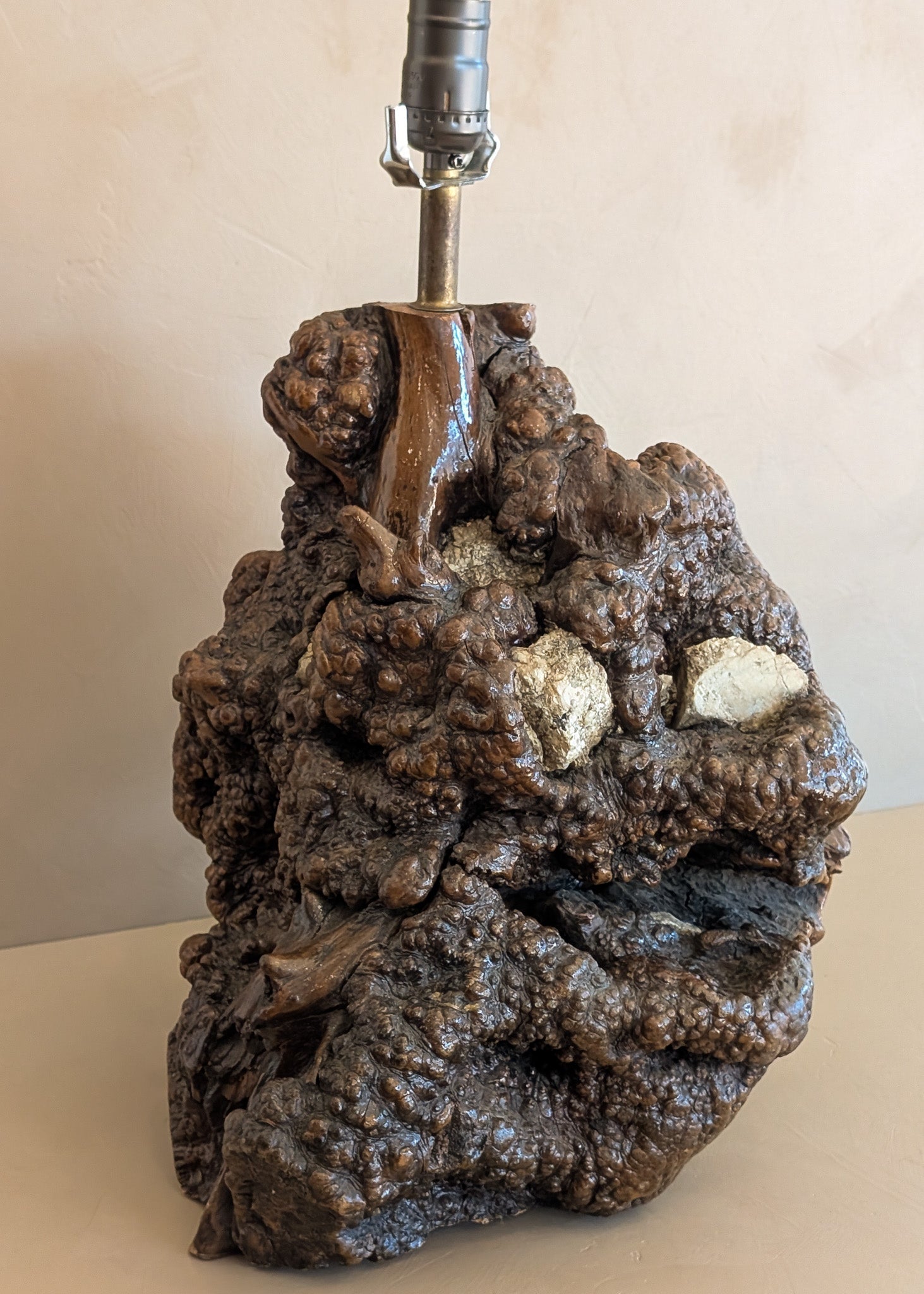 Unique Vintage Burl Lamp with Stone Inclusions