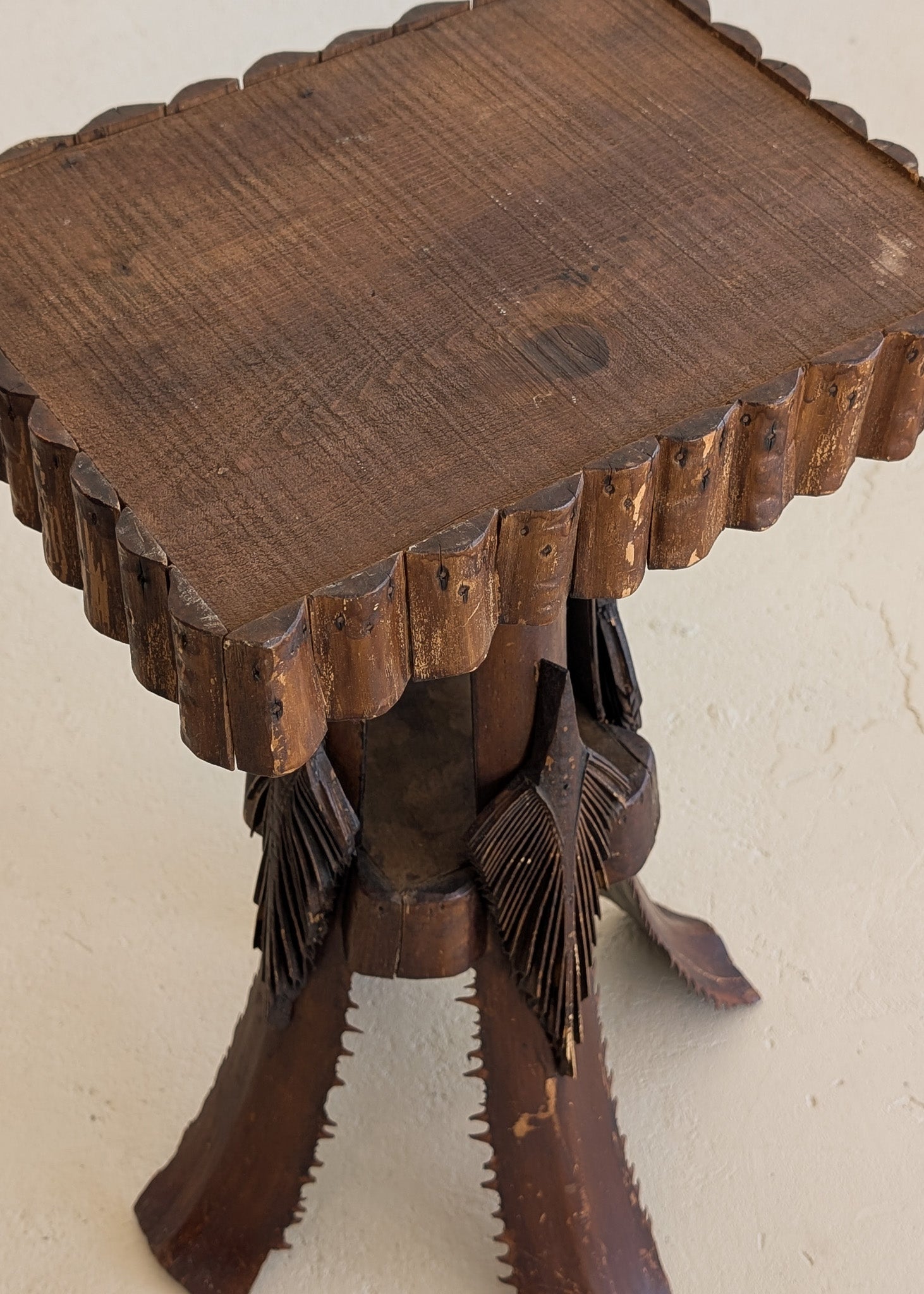 Early 1900s American Tramp Art Palm Frond Side Table