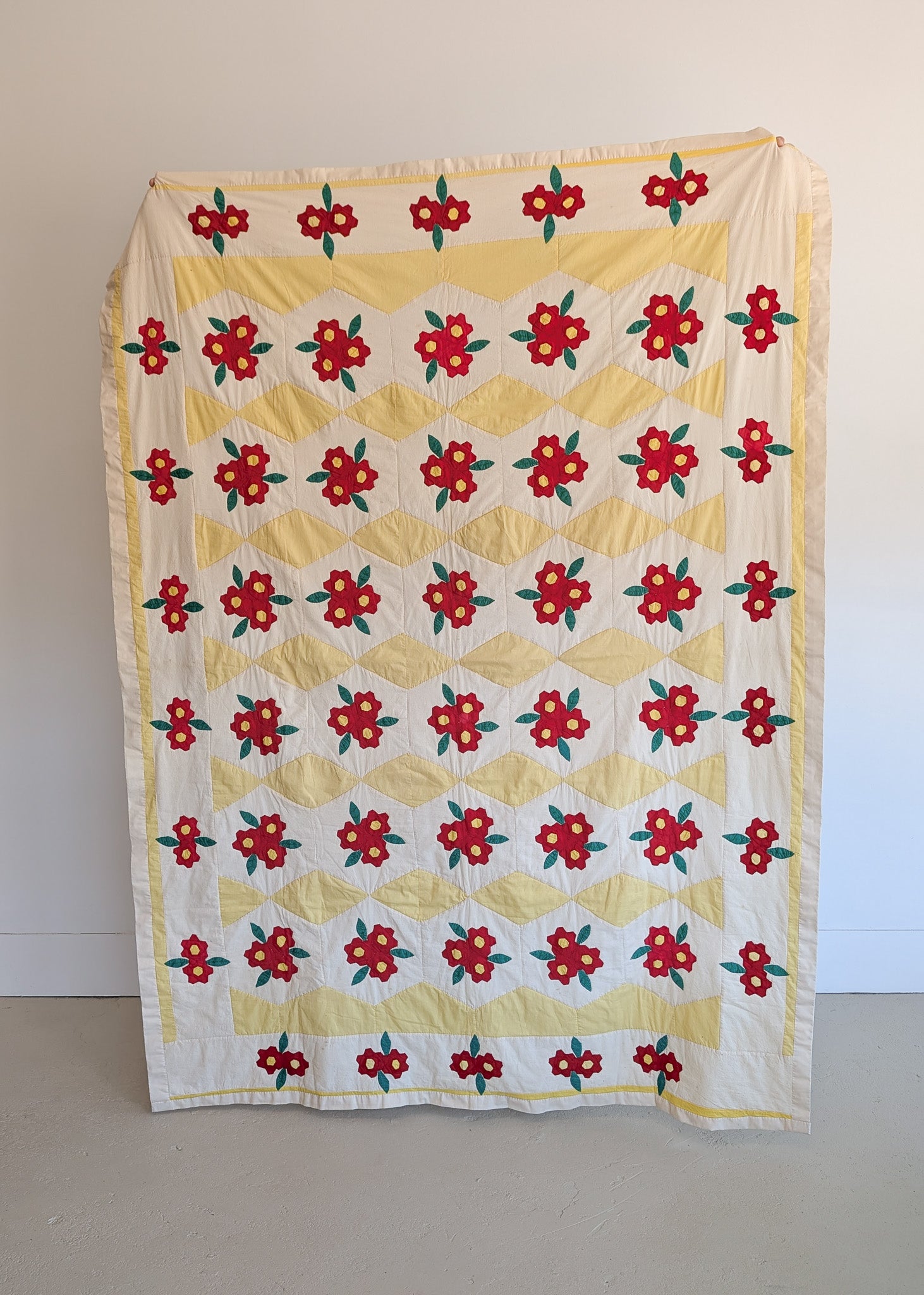 Vintage Red, Yellow, Green and White Floral Quilt - 90" x 67"