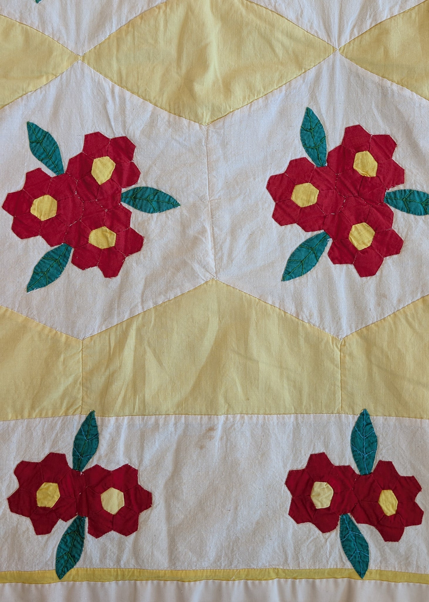 Vintage Red, Yellow, Green and White Floral Quilt - 90" x 67"