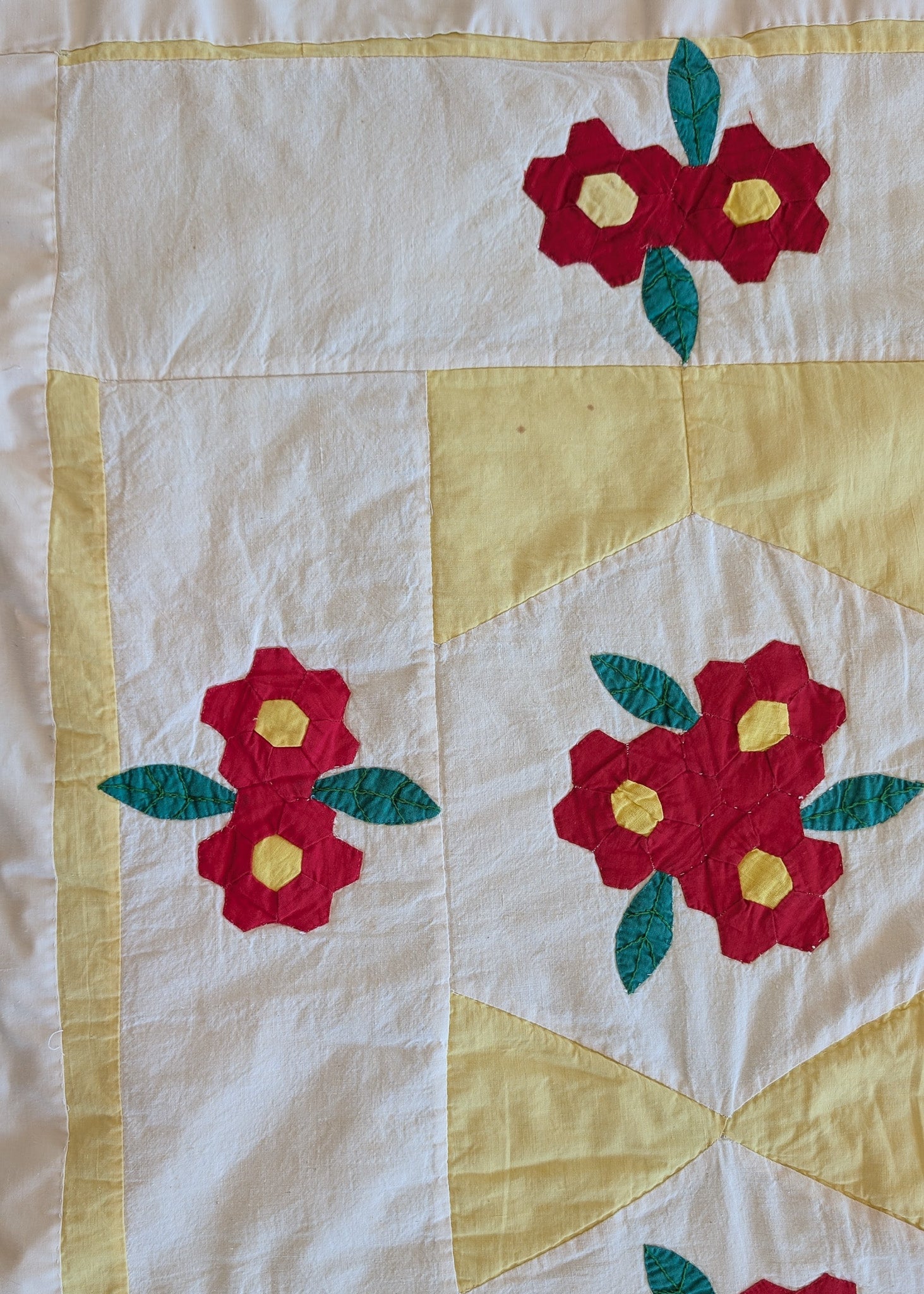 Vintage Red, Yellow, Green and White Floral Quilt - 90" x 67"