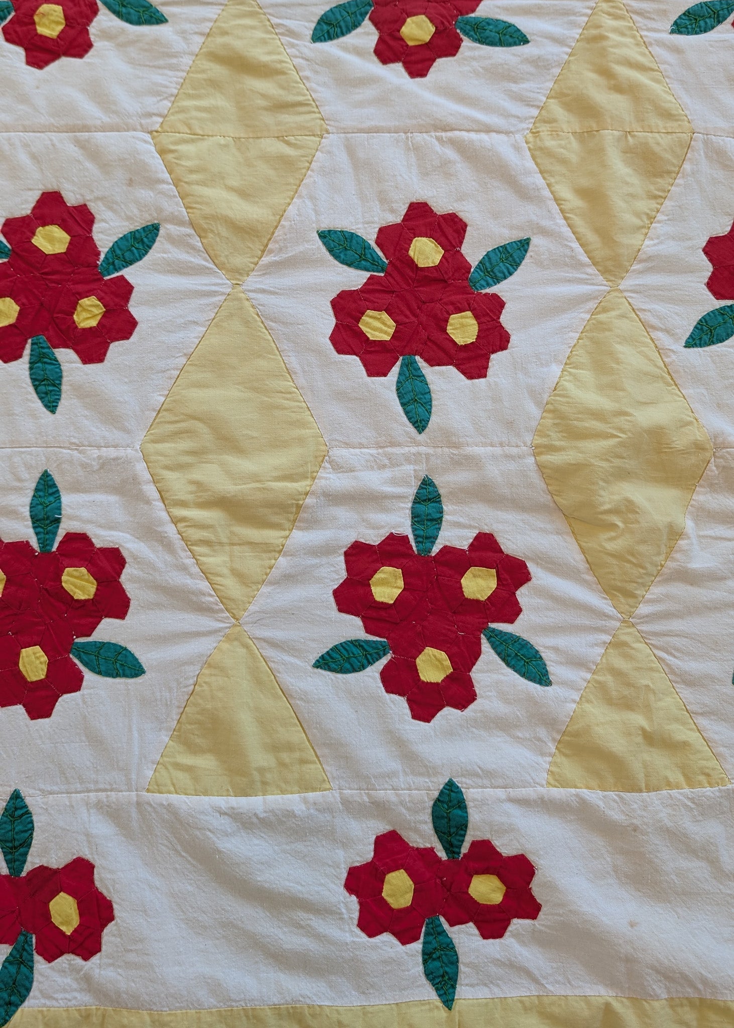 Vintage Red, Yellow, Green and White Floral Quilt - 90" x 67"