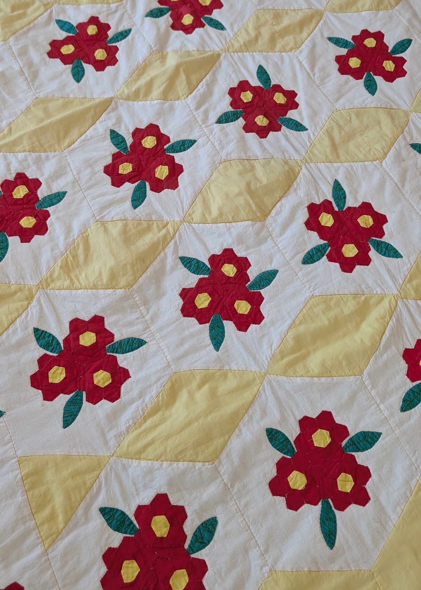 Vintage Red, Yellow, Green and White Floral Quilt - 90" x 67"