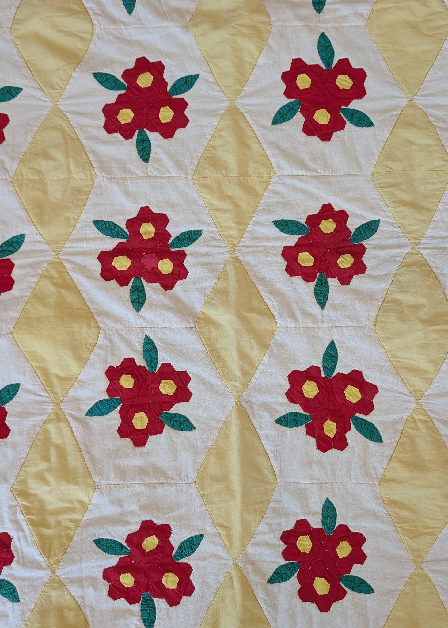 Vintage Red, Yellow, Green and White Floral Quilt - 90" x 67"