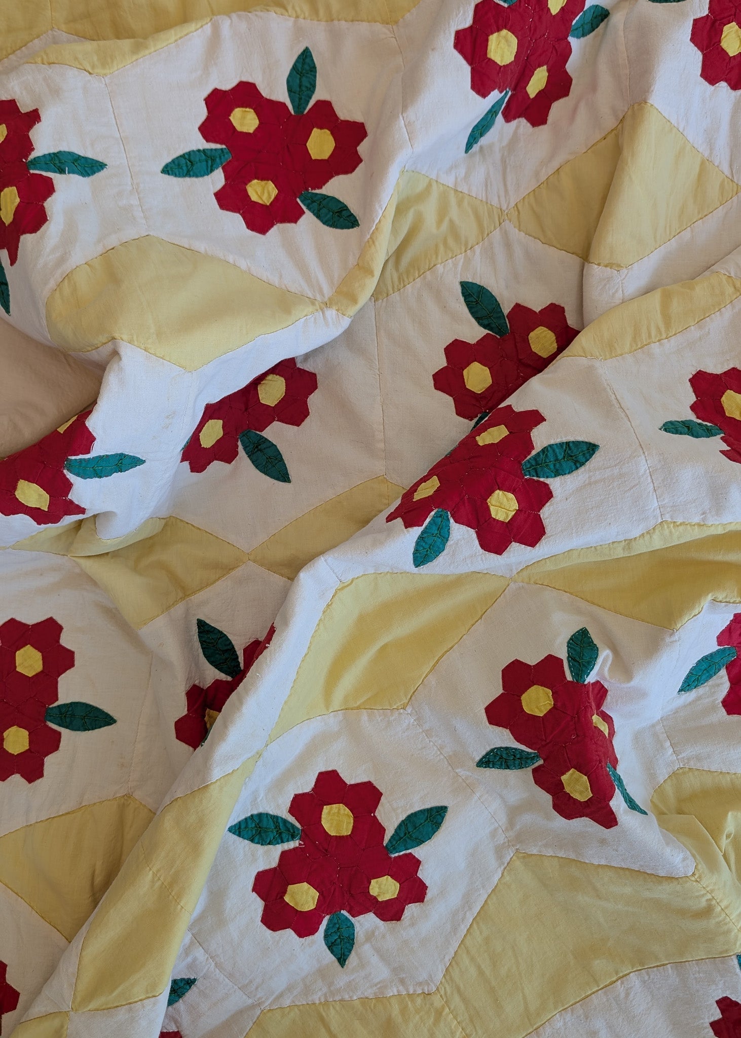 Vintage Red, Yellow, Green and White Floral Quilt - 90" x 67"