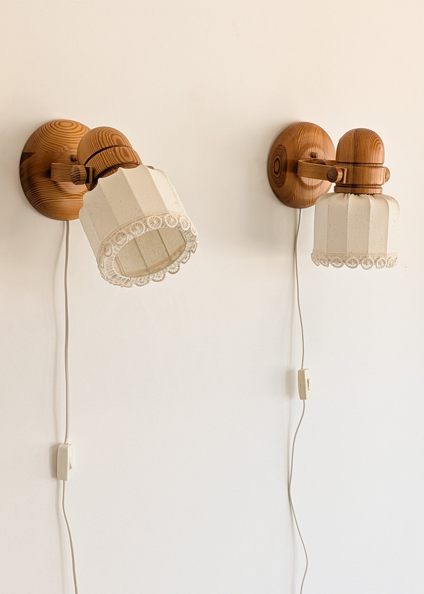 Pair of Vintage Swedish Markslöjd Articulating Pine Wall Sconces with Original Shades