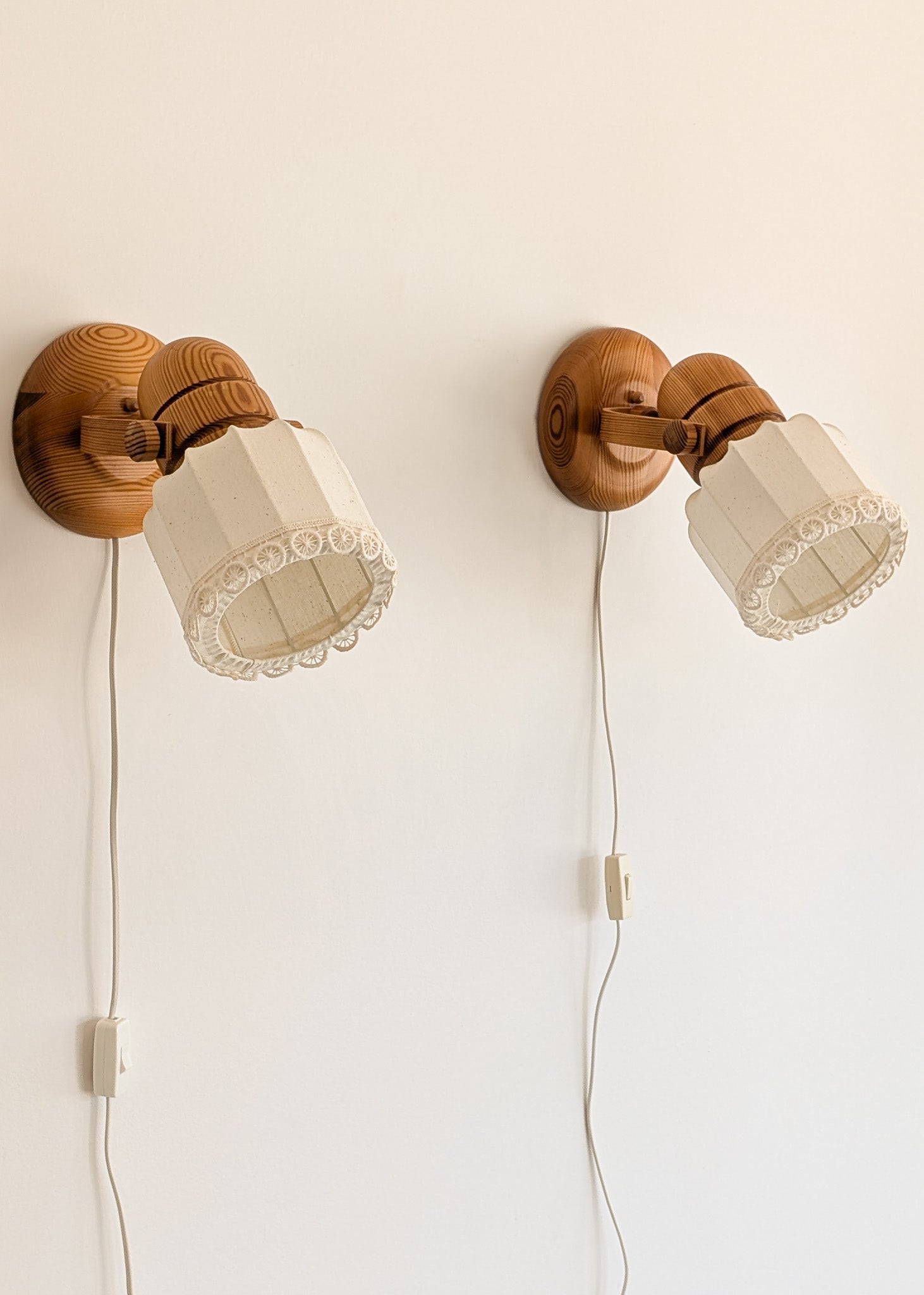 Pair of Vintage Swedish Markslöjd Articulating Pine Wall Sconces with Original Shades