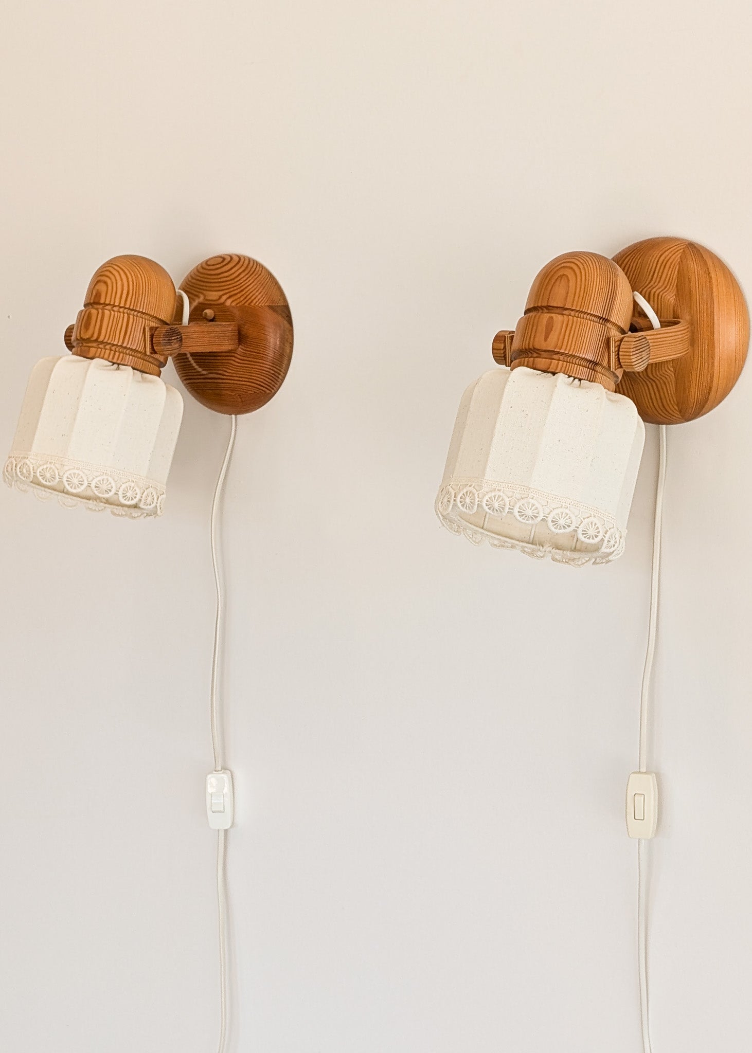 Pair of Vintage Swedish Markslöjd Articulating Pine Wall Sconces with Original Shades