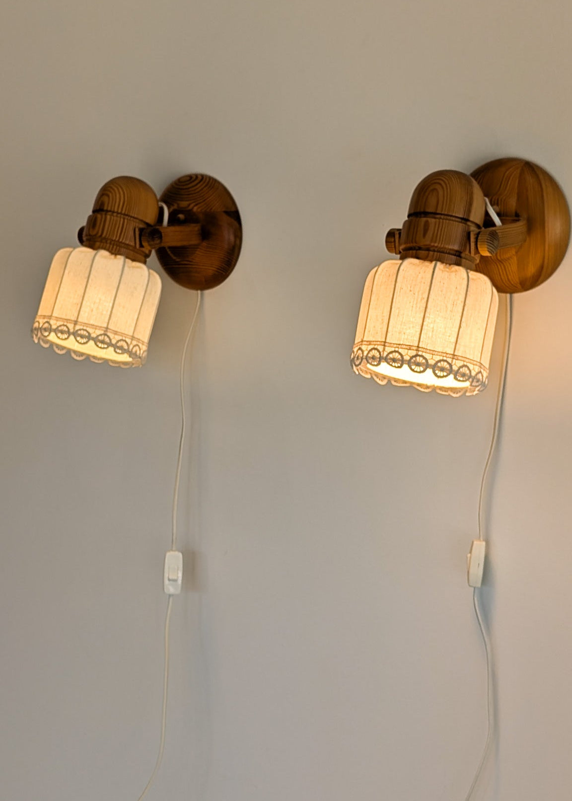 Pair of Vintage Swedish Markslöjd Articulating Pine Wall Sconces with Original Shades