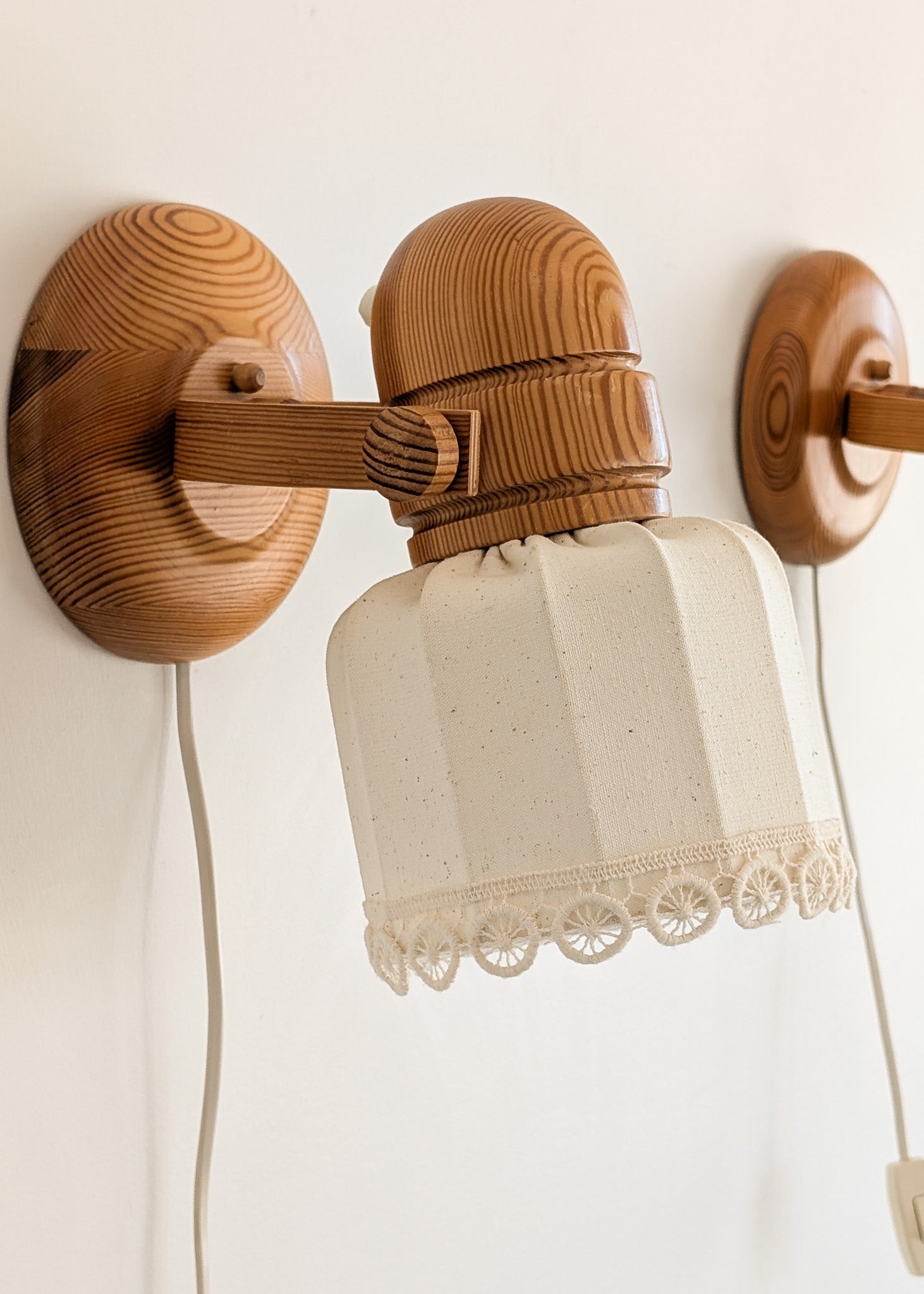 Pair of Vintage Swedish Markslöjd Articulating Pine Wall Sconces with Original Shades