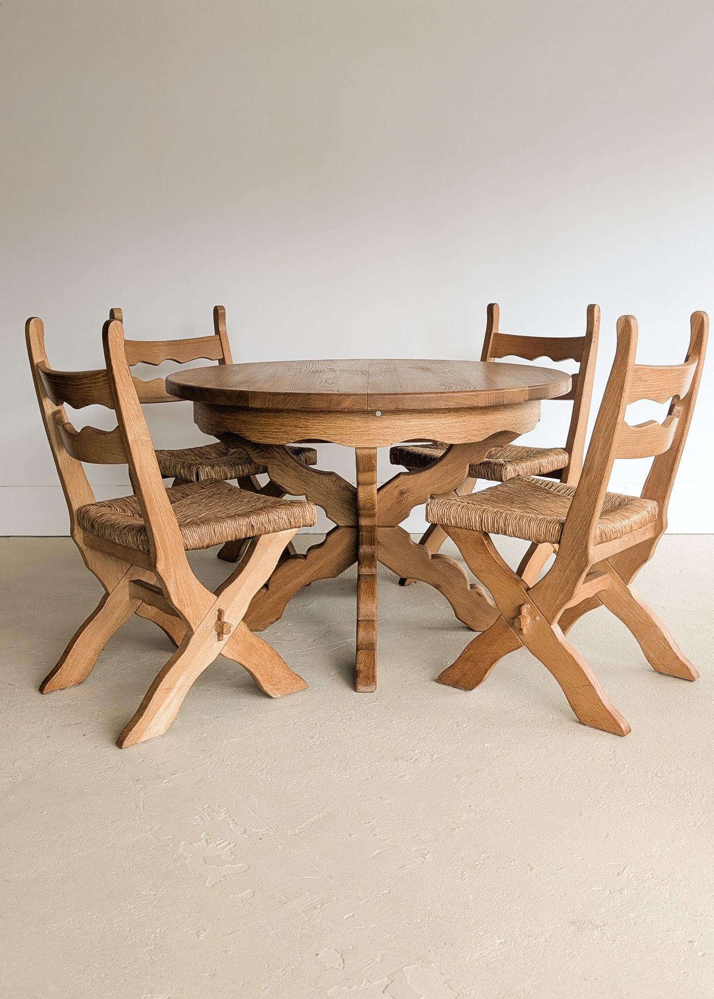 Rare Vintage Swedish Henning Kjærnulf-Style White Oak Butterfly Leaf Table with Wavy Scalloped Detailing and X Base