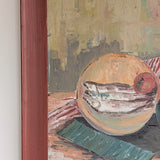 Original Framed Vintage Fish, Florals and Vegetables Still Life Painting on Board