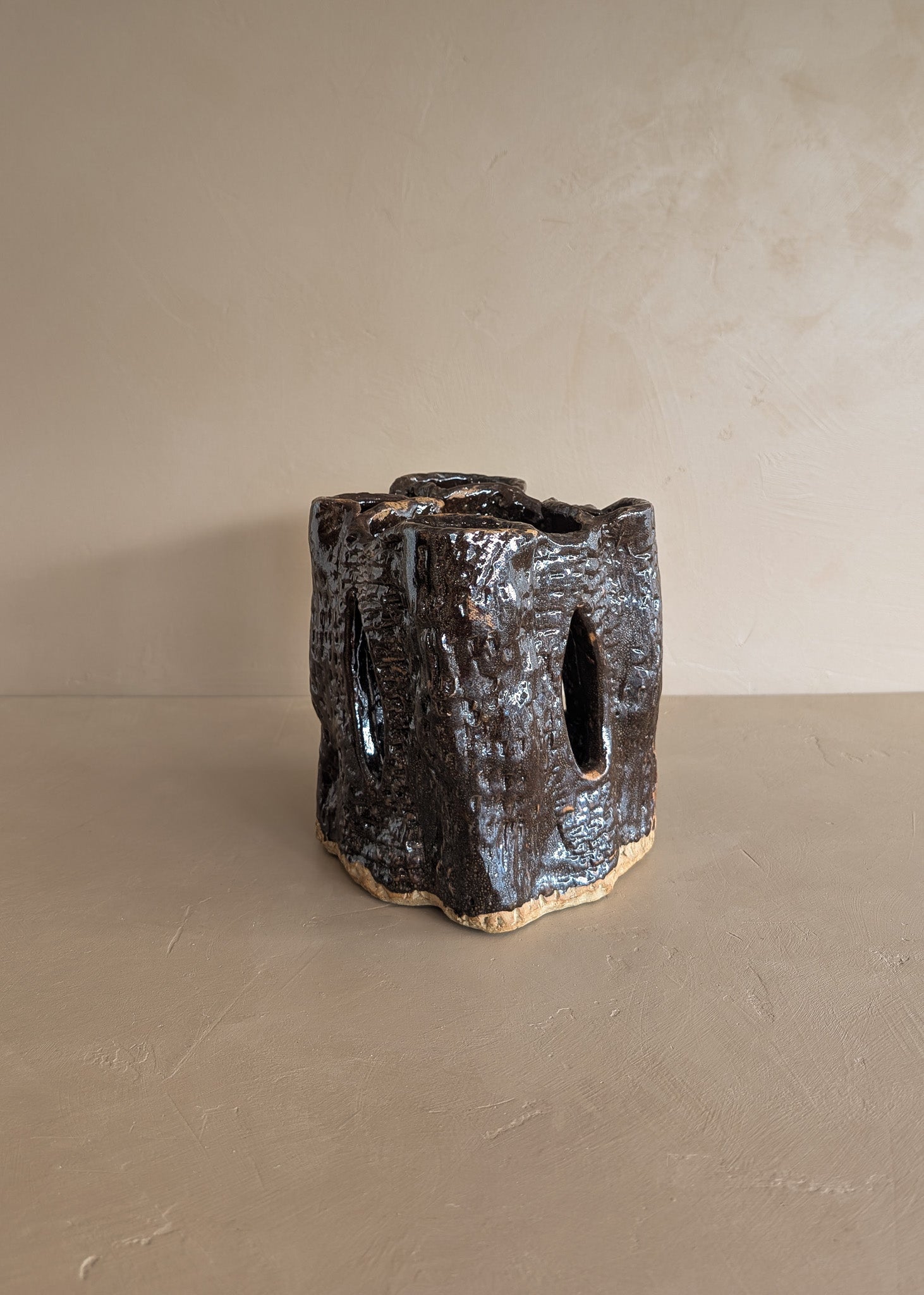 Vintage Textured Dark Brown Brutalist Studio Pottery Vase/Sculpture