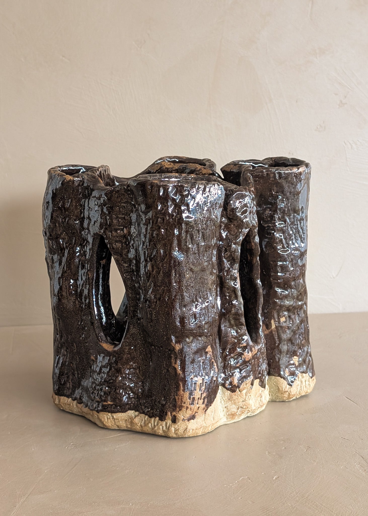 Vintage Textured Dark Brown Brutalist Studio Pottery Vase/Sculpture