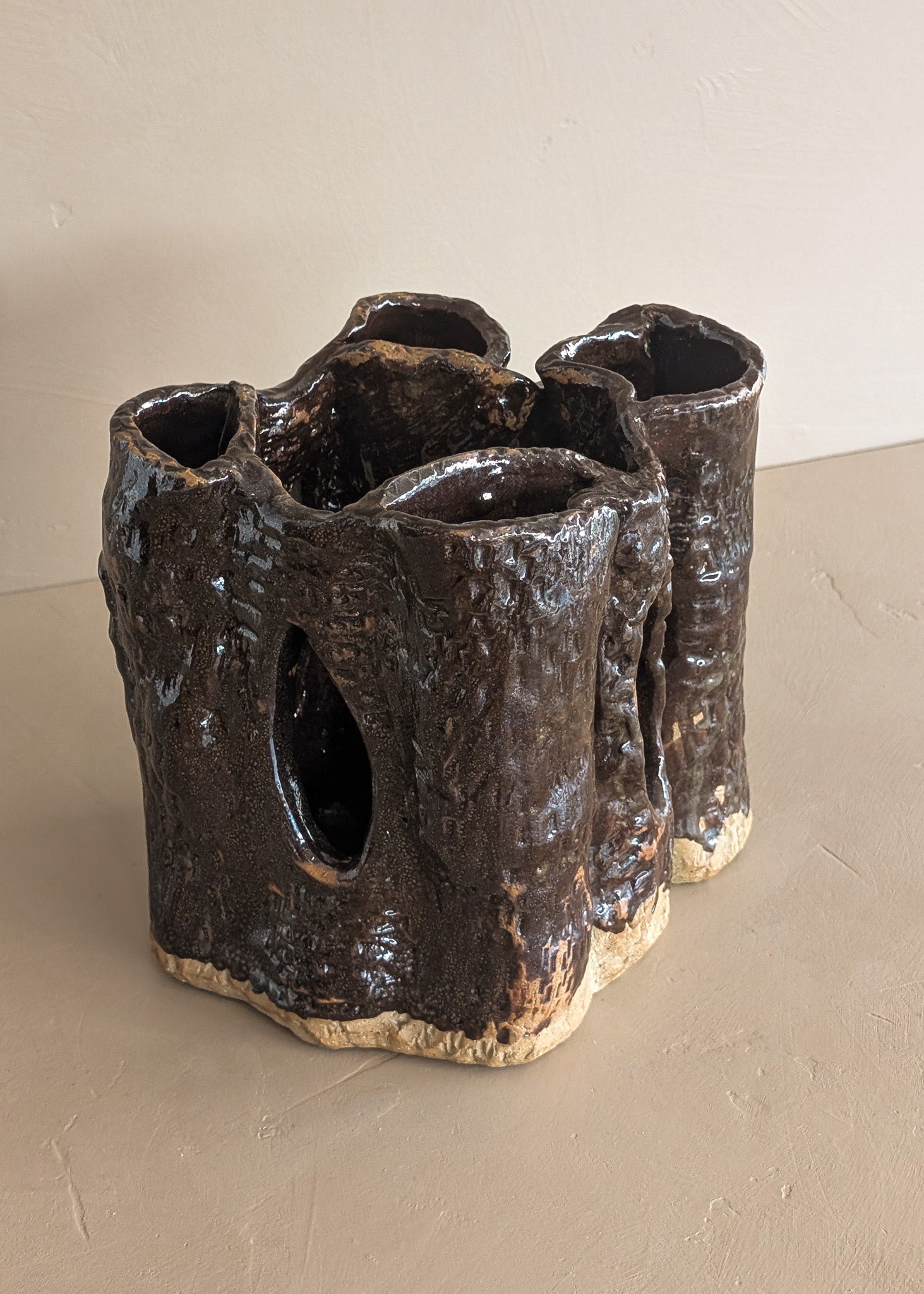 Vintage Textured Dark Brown Brutalist Studio Pottery Vase/Sculpture