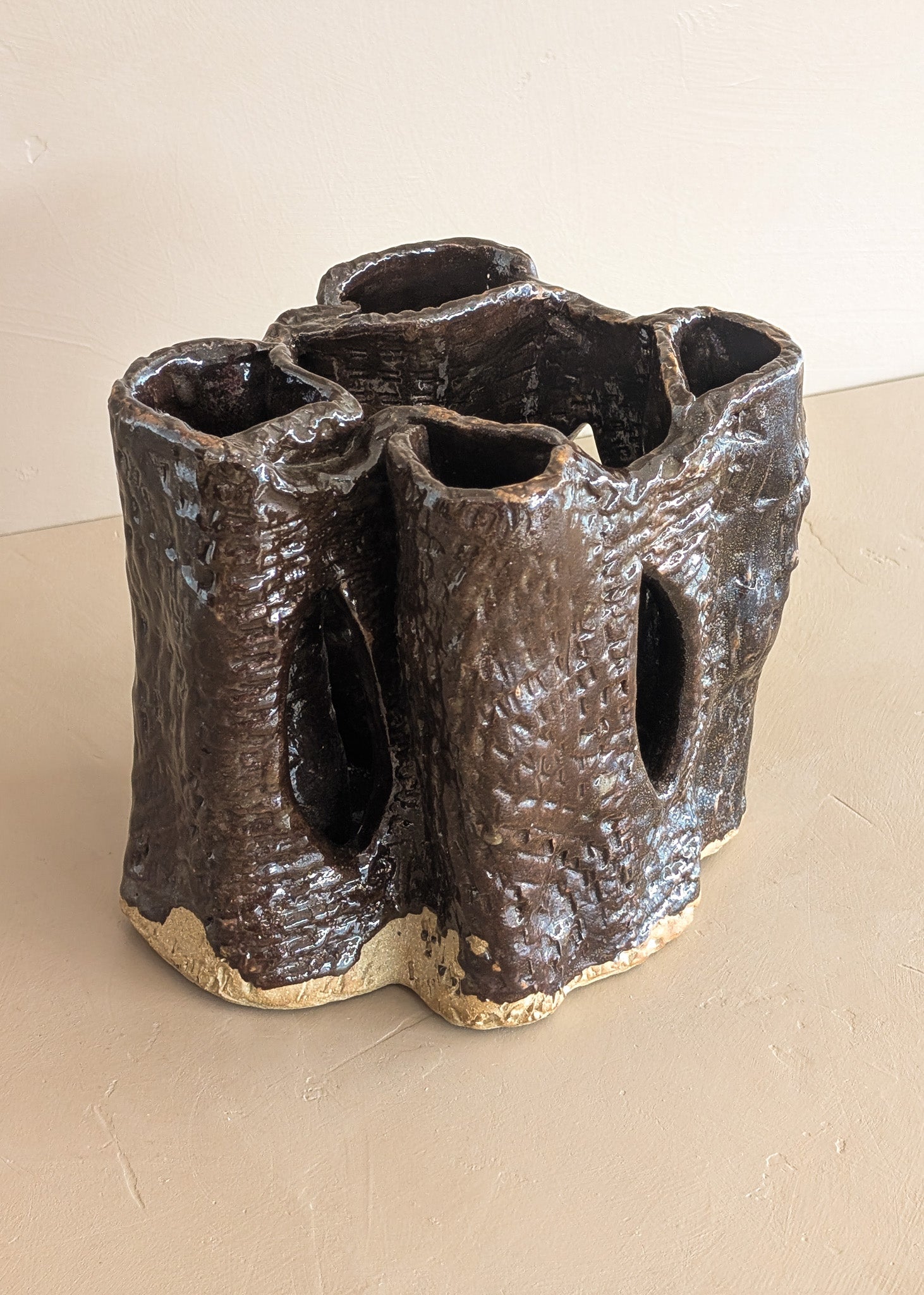 Vintage Textured Dark Brown Brutalist Studio Pottery Vase/Sculpture
