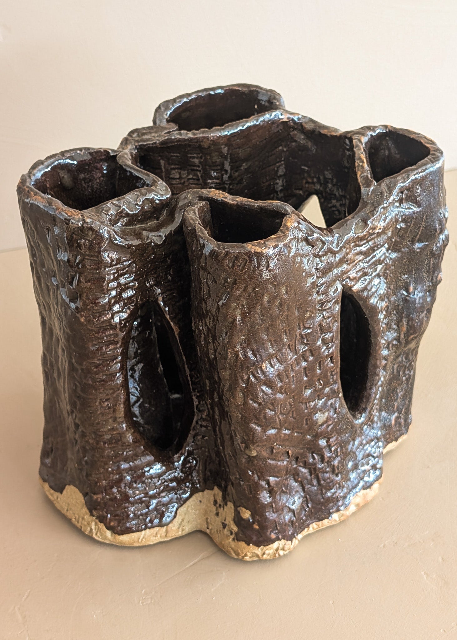 Vintage Textured Dark Brown Brutalist Studio Pottery Vase/Sculpture