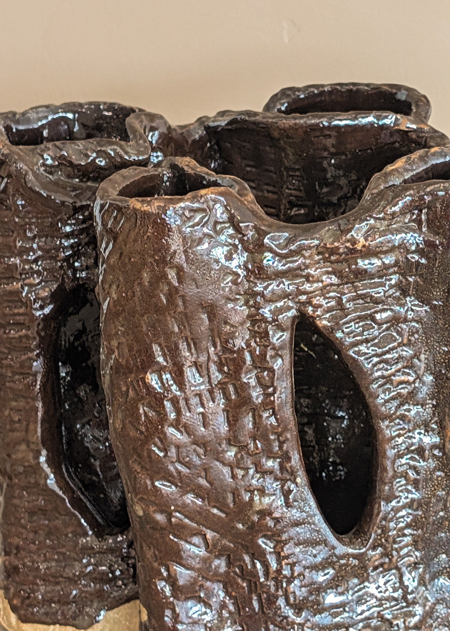 Vintage Textured Dark Brown Brutalist Studio Pottery Vase/Sculpture