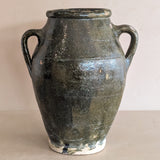 Vintage Dark Green Glaze Clay Amphora Vase
