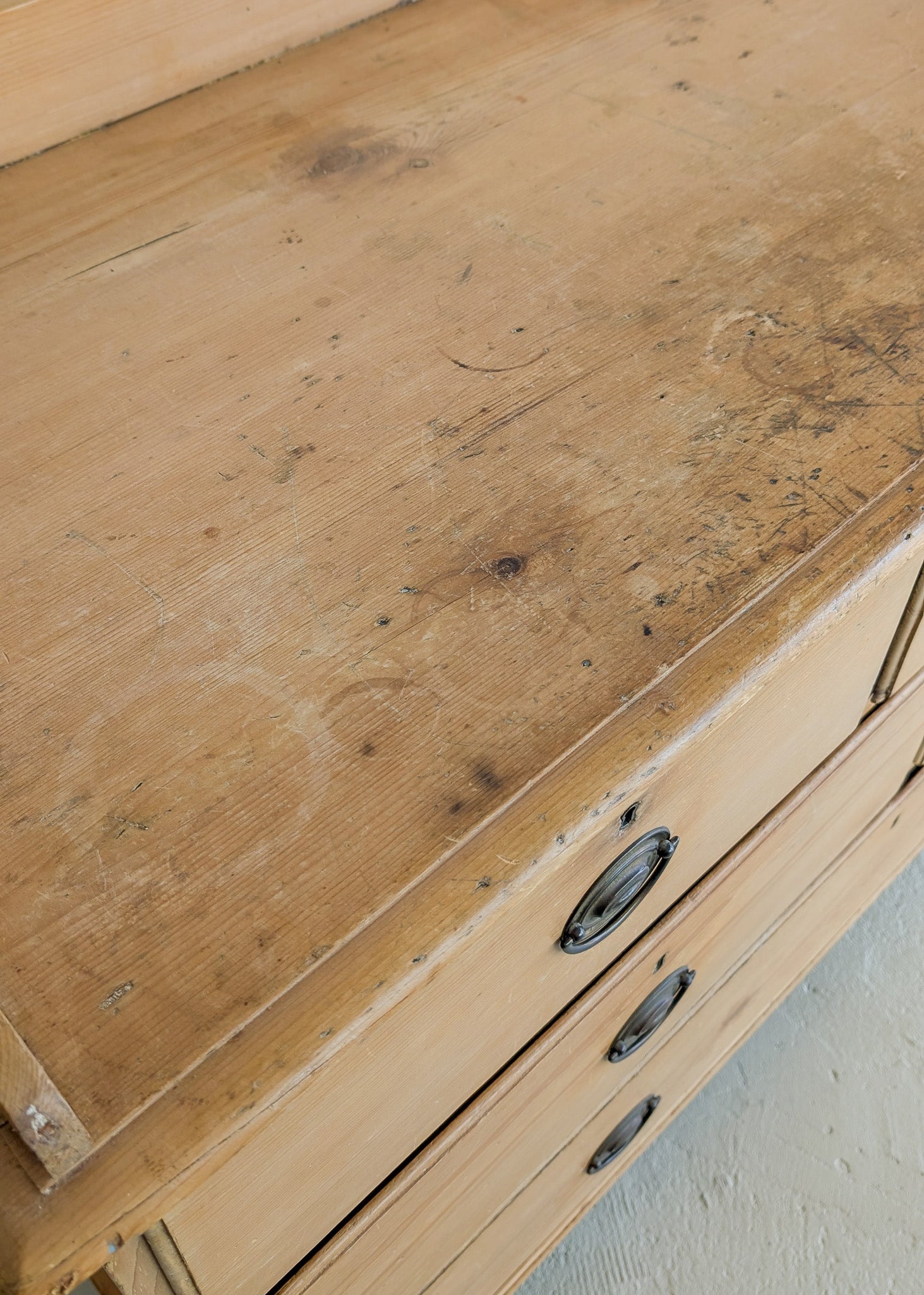 Wide Antique English Pine Chest of Drawers with Trim Top