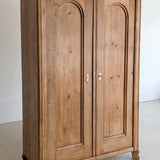 Handsome Antique European Pine Cabinet with Arched Panel Doors, Carved Feet and Skeleton Key