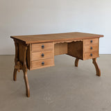 Vintage Danish Brutalist Henning Kjærnulf-Attributed Quartersawn White Oak Desk with Original Skeleton Key, Mortise and Tenon Detail and Lockable Back Cabinet