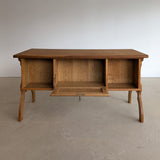 Vintage Danish Brutalist Henning Kjærnulf-Attributed Quartersawn White Oak Desk with Original Skeleton Key, Mortise and Tenon Detail and Lockable Back Cabinet