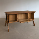 Vintage Danish Brutalist Henning Kjærnulf-Attributed Quartersawn White Oak Desk with Original Skeleton Key, Mortise and Tenon Detail and Lockable Back Cabinet