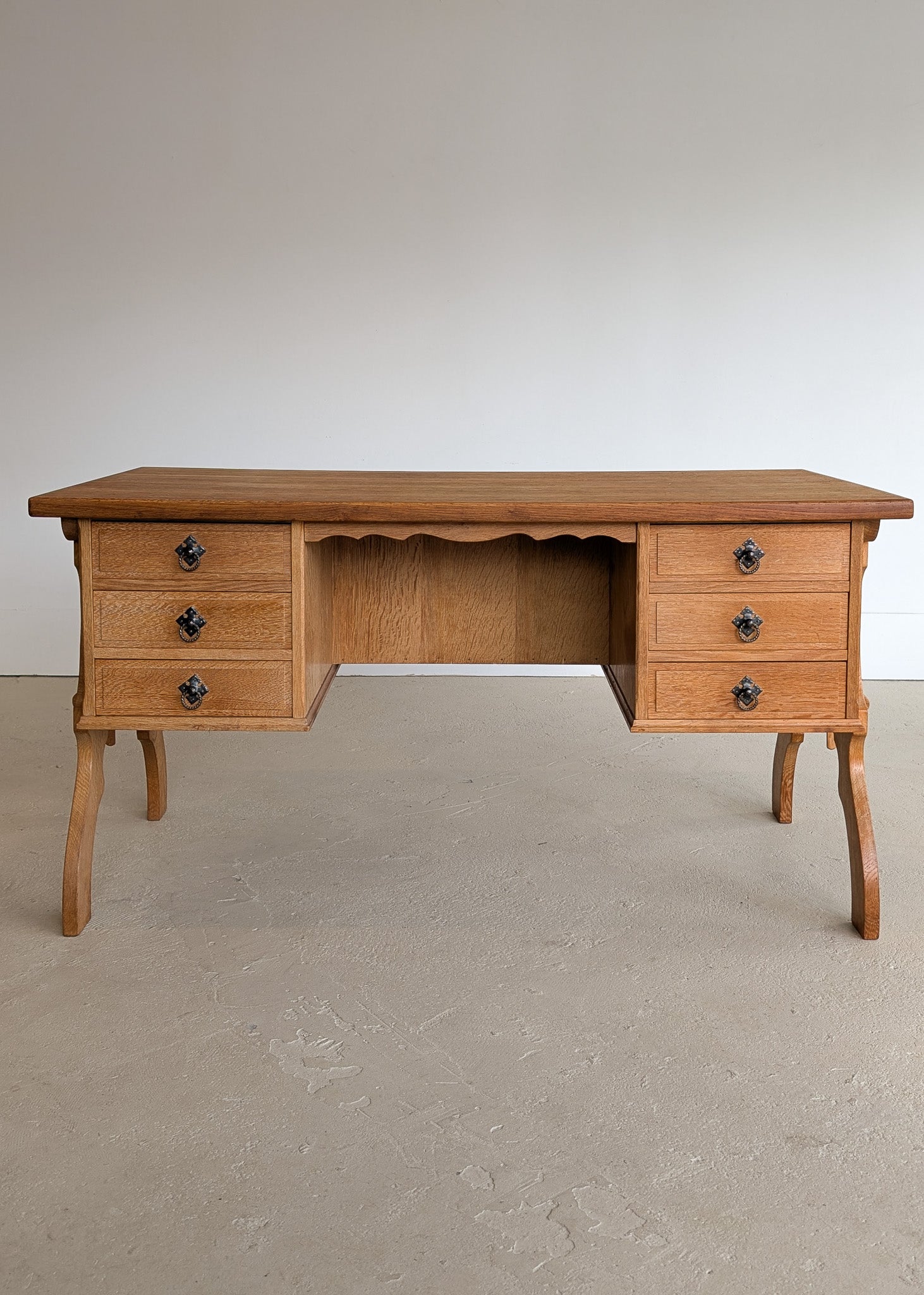 Vintage Danish Brutalist Henning Kjærnulf-Attributed Quartersawn White Oak Desk with Original Skeleton Key, Mortise and Tenon Detail and Lockable Back Cabinet