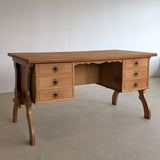 Vintage Danish Brutalist Henning Kjærnulf-Attributed Quartersawn White Oak Desk with Original Skeleton Key, Mortise and Tenon Detail and Lockable Back Cabinet