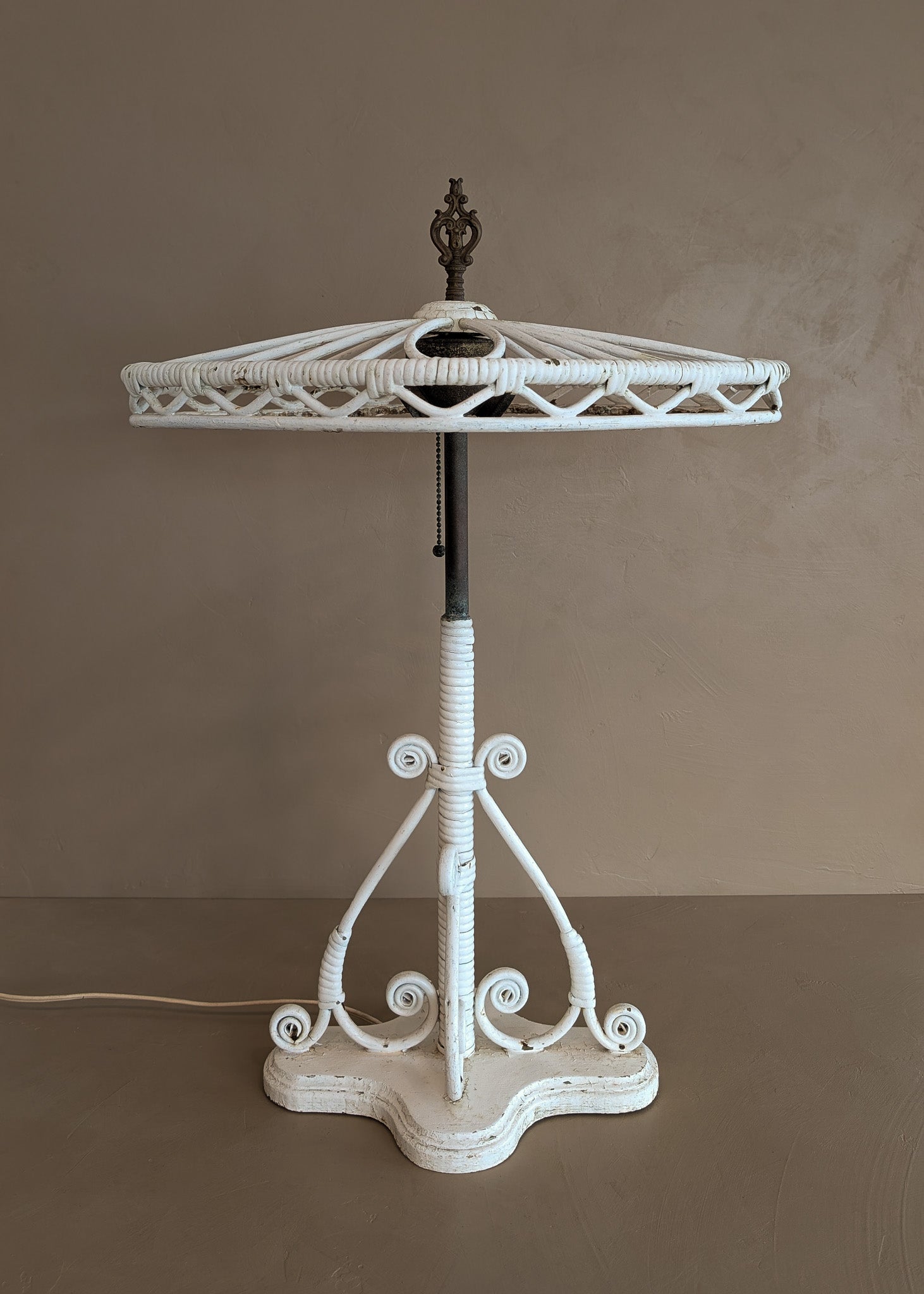 Likely Antique Unique Wicker Lamp with Original Diamond-Shaped Wicker Shade