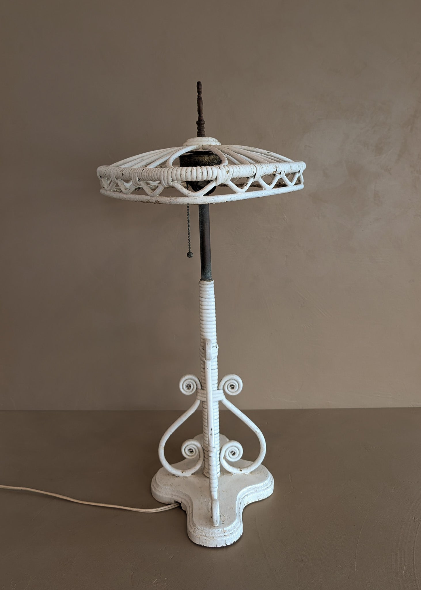 Likely Antique Unique Wicker Lamp with Original Diamond-Shaped Wicker Shade